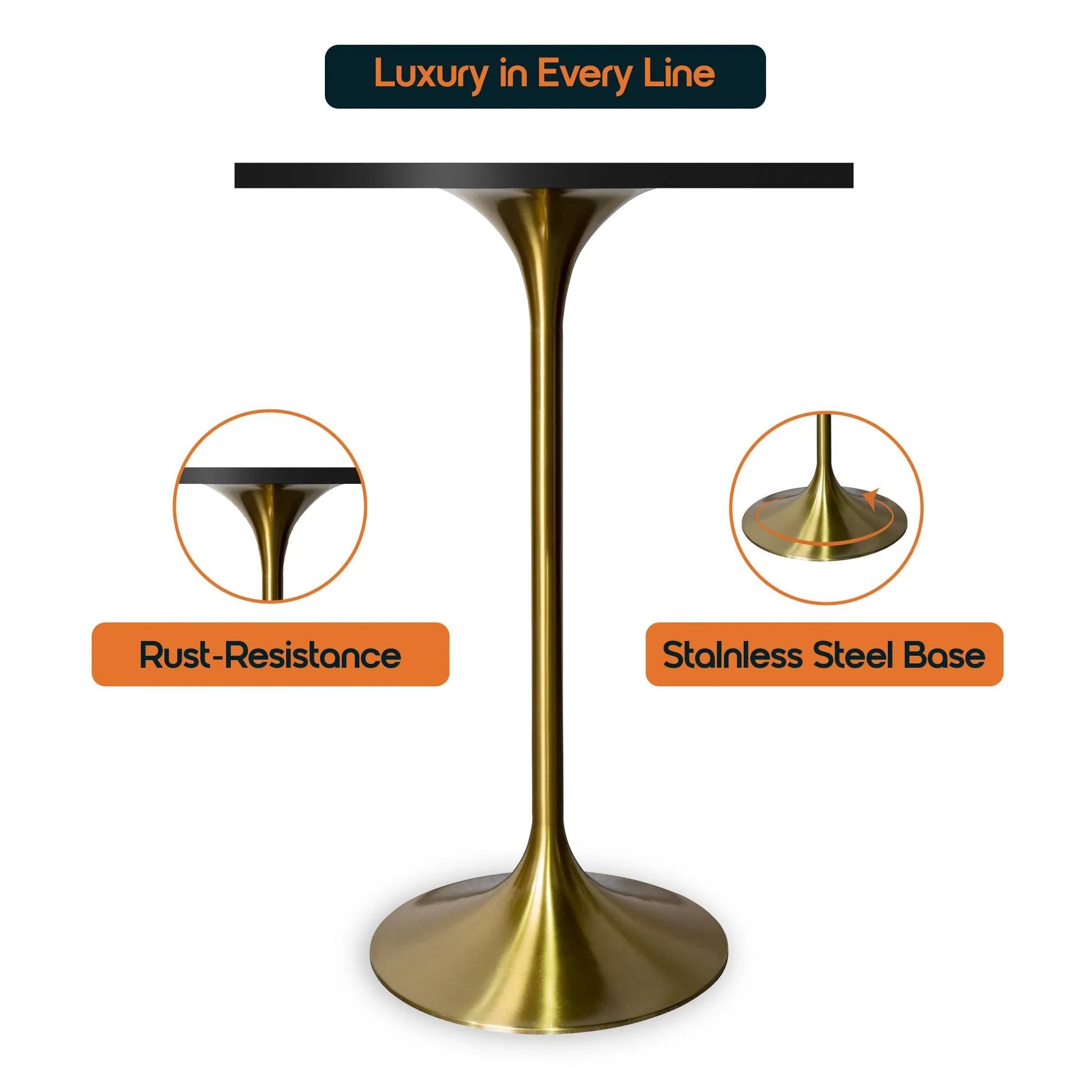 LeisureMod Verve 24" Square Top Bar Height Table, Brushed Gold/Black/White Stainless Steel Base with MDF Table Top - Elax Furniture