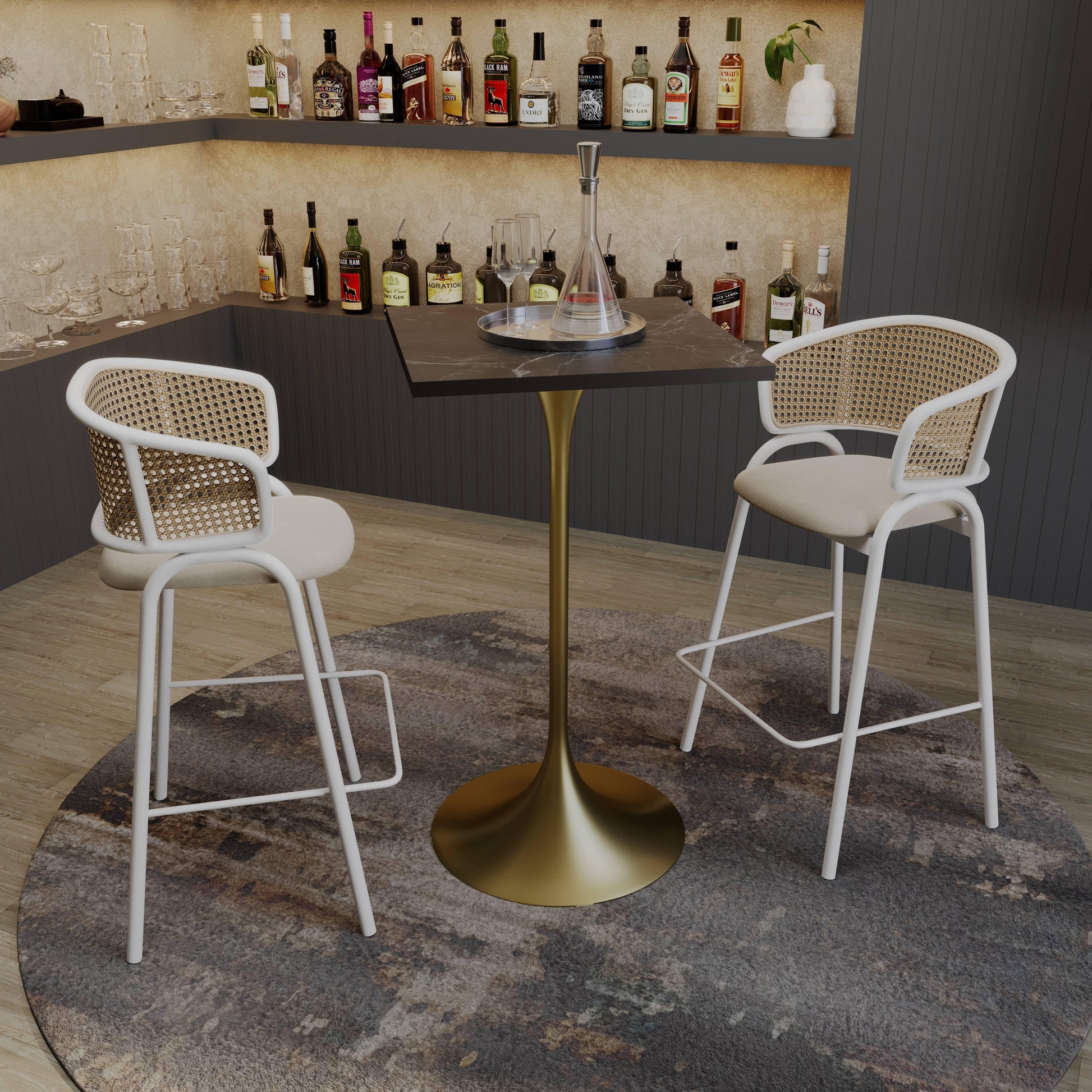 LeisureMod Verve 24" Square Top Bar Height Table, Brushed Gold/Black/White Stainless Steel Base with MDF Table Top - Elax Furniture