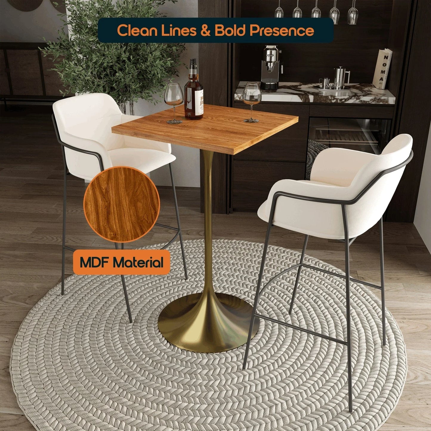 LeisureMod Verve 24" Square Top Bar Height Table, Brushed Gold/Black/White Stainless Steel Base with MDF Table Top - Elax Furniture