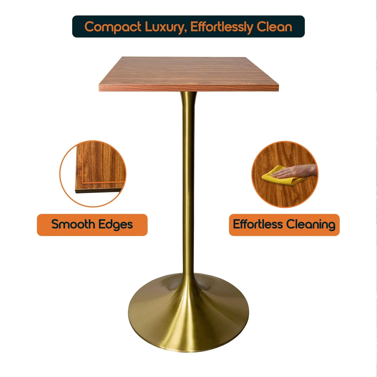 LeisureMod Verve 24" Square Top Bar Height Table, Brushed Gold/Black/White Stainless Steel Base with MDF Table Top - Elax Furniture