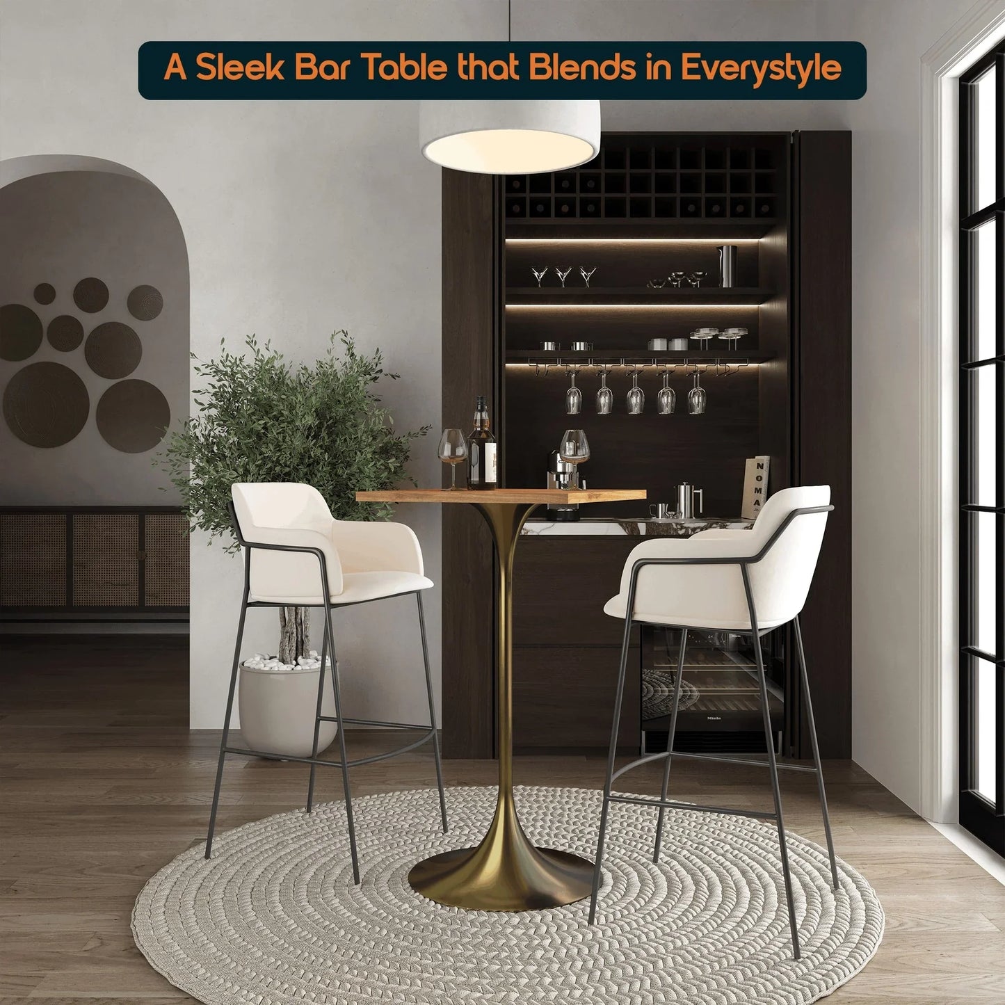 LeisureMod Verve 24" Square Top Bar Height Table, Brushed Gold/Black/White Stainless Steel Base with MDF Table Top - Elax Furniture