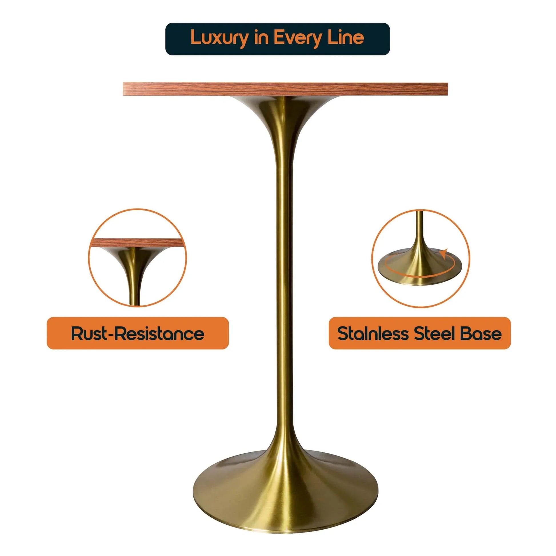 LeisureMod Verve 24" Square Top Bar Height Table, Brushed Gold/Black/White Stainless Steel Base with MDF Table Top - Elax Furniture