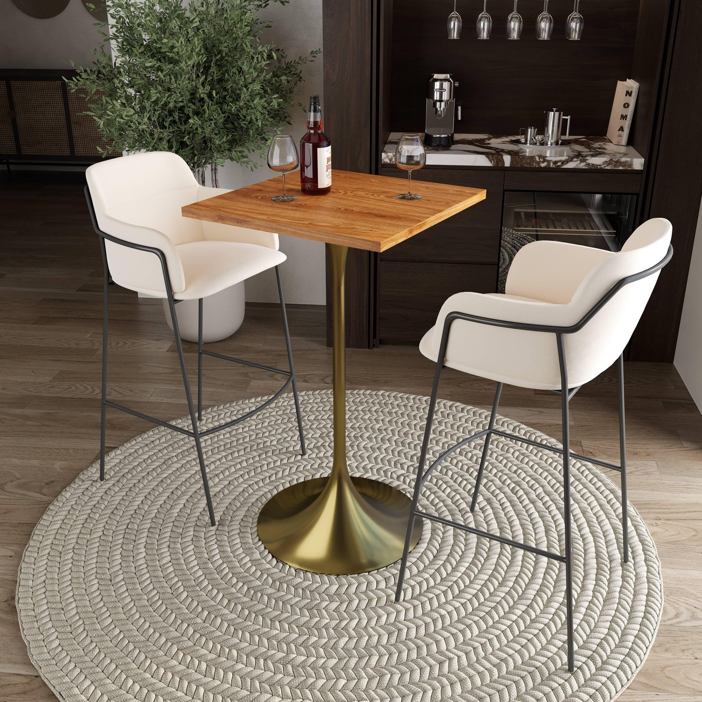 LeisureMod Verve 24" Square Top Bar Height Table, Brushed Gold/Black/White Stainless Steel Base with MDF Table Top - Elax Furniture