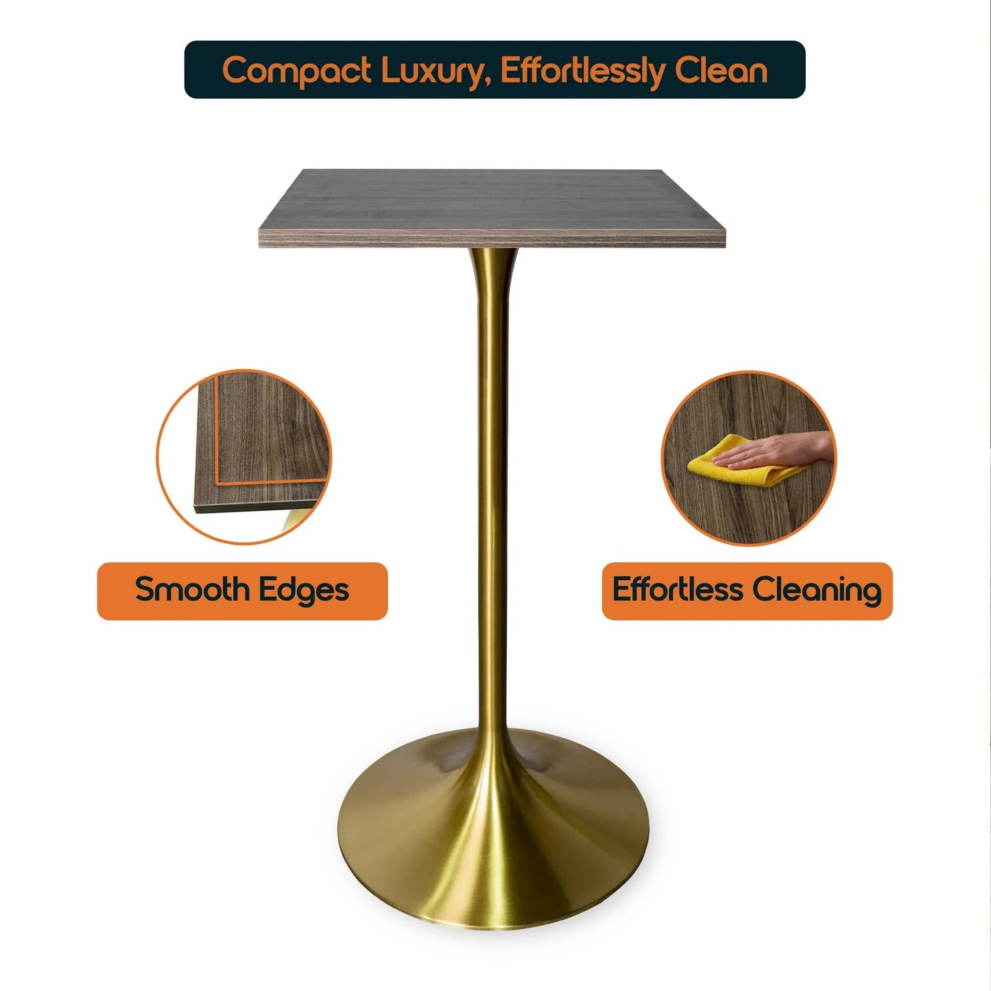 LeisureMod Verve 24" Square Top Bar Height Table, Brushed Gold/Black/White Stainless Steel Base with MDF Table Top - Elax Furniture
