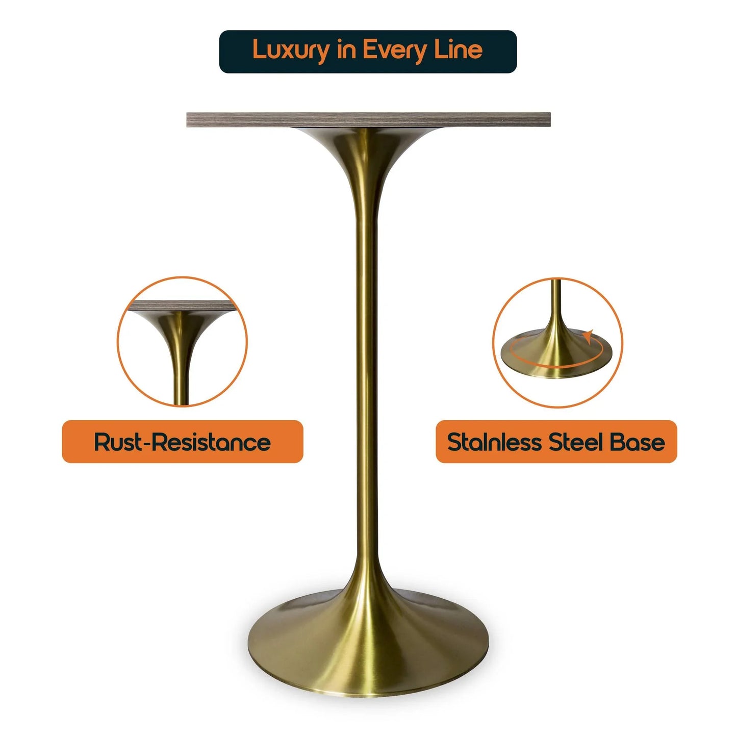 LeisureMod Verve 24" Square Top Bar Height Table, Brushed Gold/Black/White Stainless Steel Base with MDF Table Top - Elax Furniture