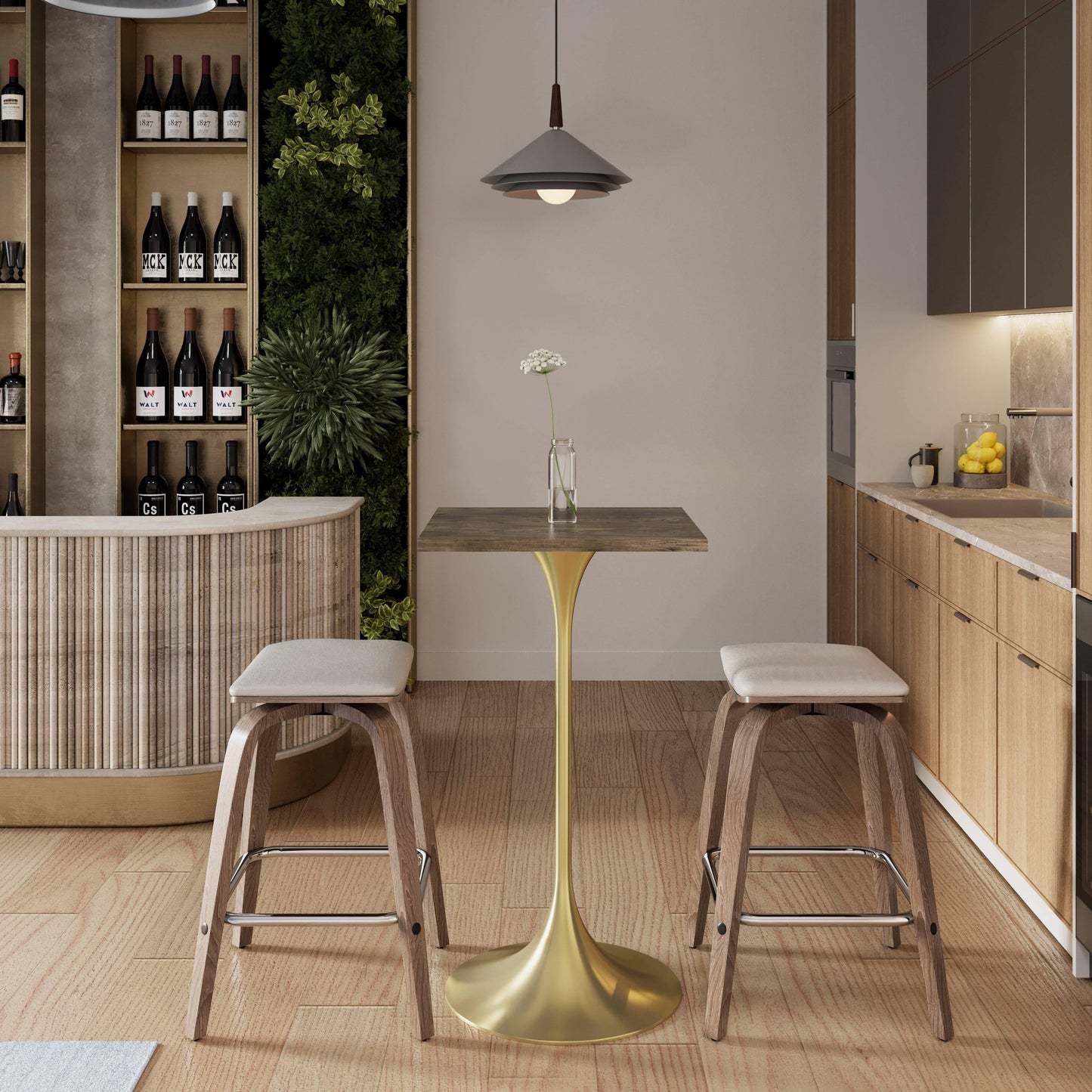 LeisureMod Verve 24" Square Top Bar Height Table, Brushed Gold/Black/White Stainless Steel Base with MDF Table Top - Elax Furniture