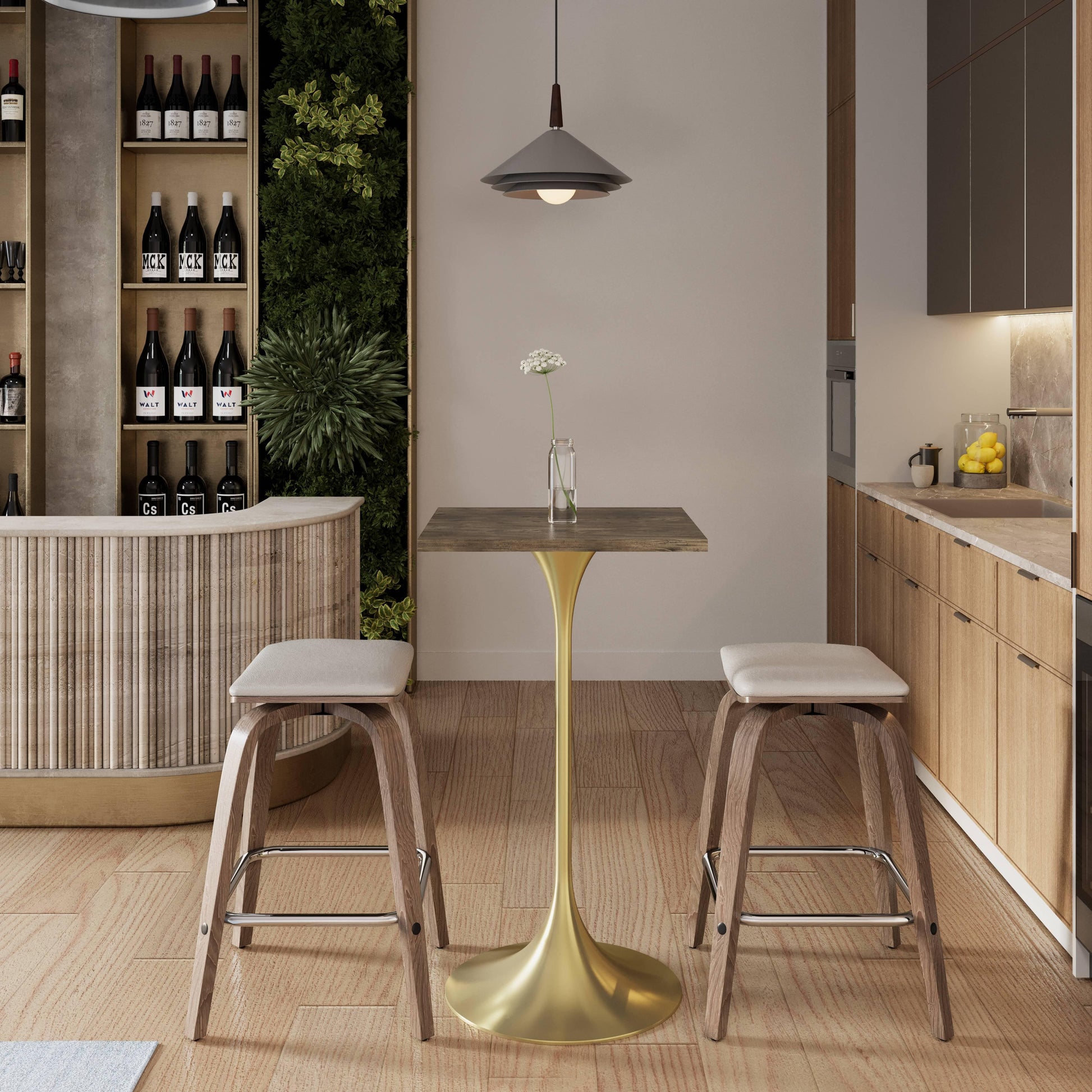 LeisureMod Verve 24" Square Top Bar Height Table, Brushed Gold/Black/White Stainless Steel Base with MDF Table Top - Elax Furniture