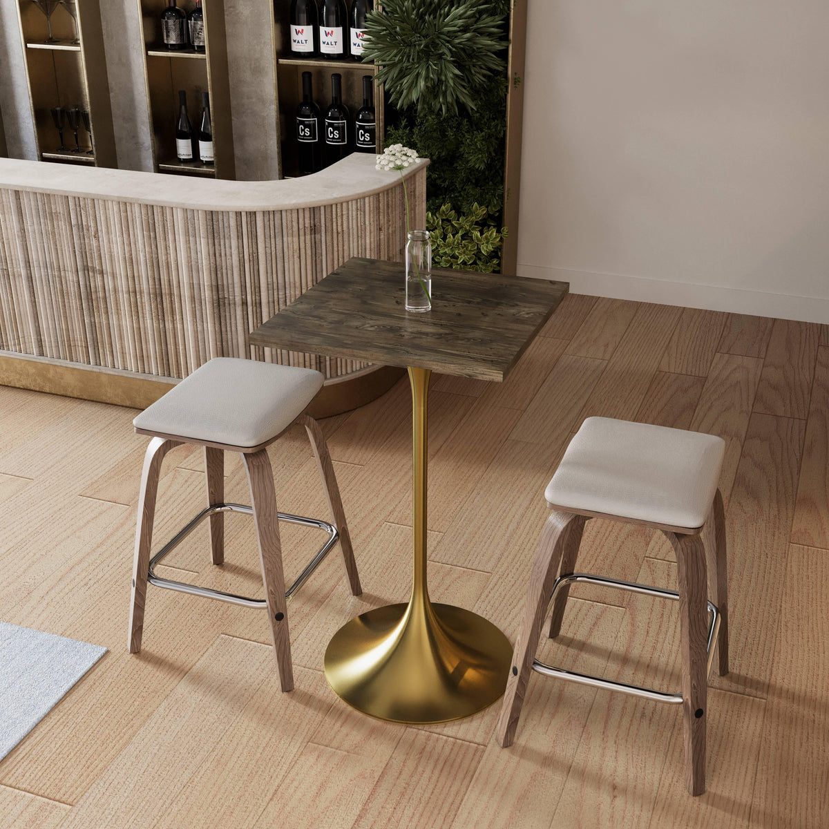 LeisureMod Verve 24" Square Top Bar Height Table, Brushed Gold/Black/White Stainless Steel Base with MDF Table Top - Elax Furniture