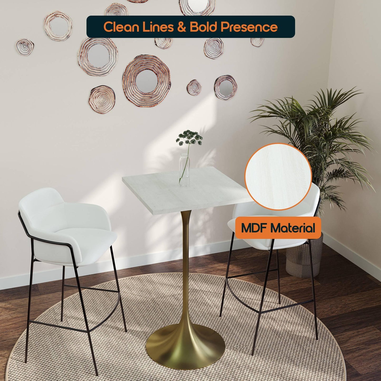 LeisureMod Verve 24" Square Top Bar Height Table, Brushed Gold/Black/White Stainless Steel Base with MDF Table Top - Elax Furniture