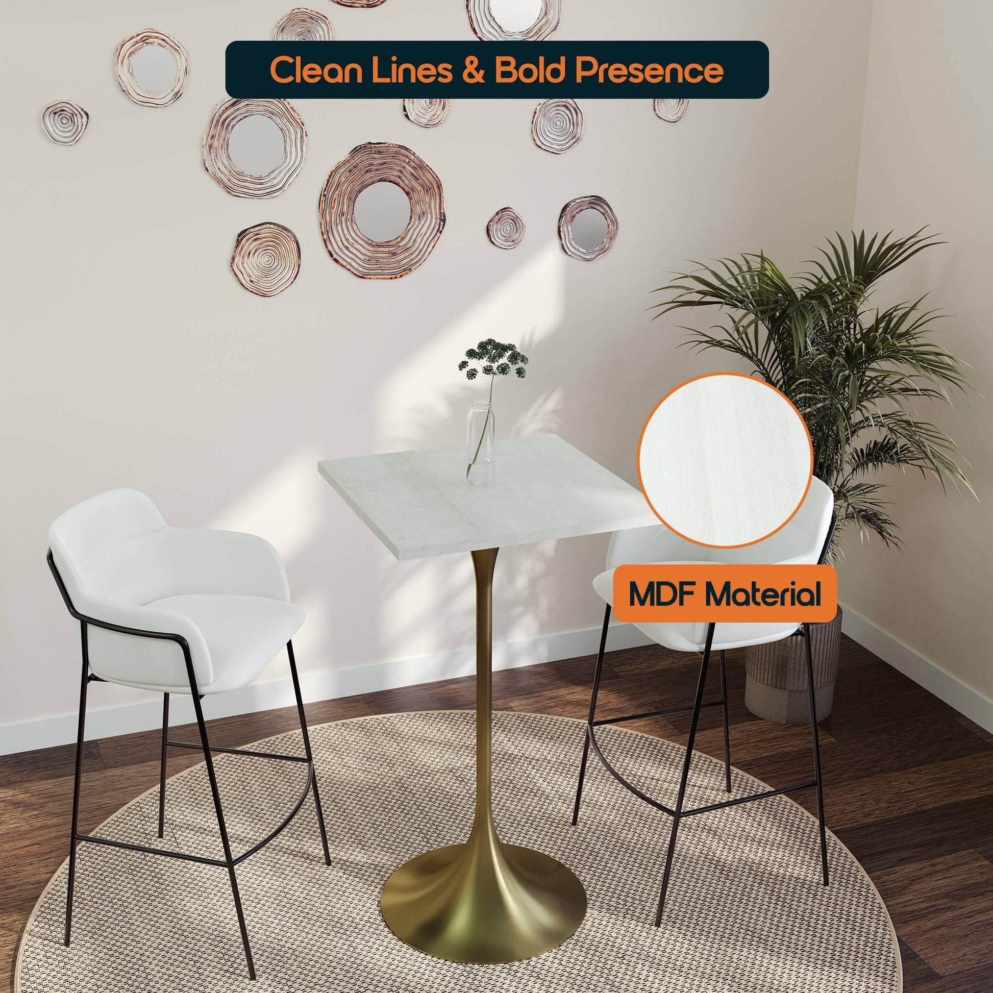 LeisureMod Verve 24" Square Top Bar Height Table, Brushed Gold/Black/White Stainless Steel Base with MDF Table Top - Elax Furniture