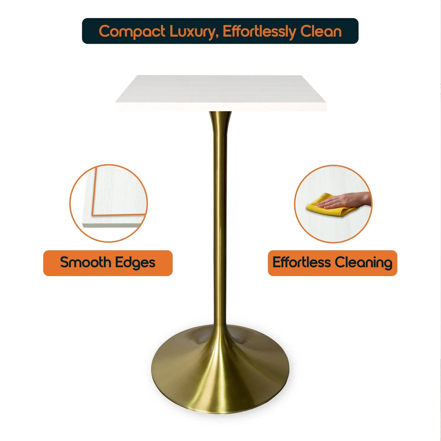 LeisureMod Verve 24" Square Top Bar Height Table, Brushed Gold/Black/White Stainless Steel Base with MDF Table Top - Elax Furniture