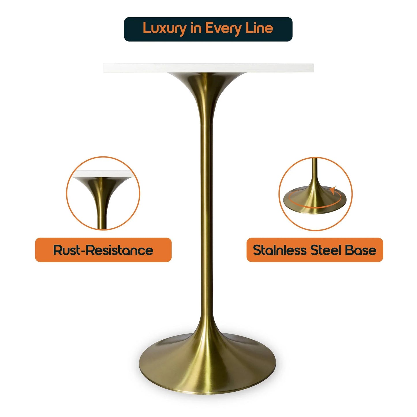 LeisureMod Verve 24" Square Top Bar Height Table, Brushed Gold/Black/White Stainless Steel Base with MDF Table Top - Elax Furniture