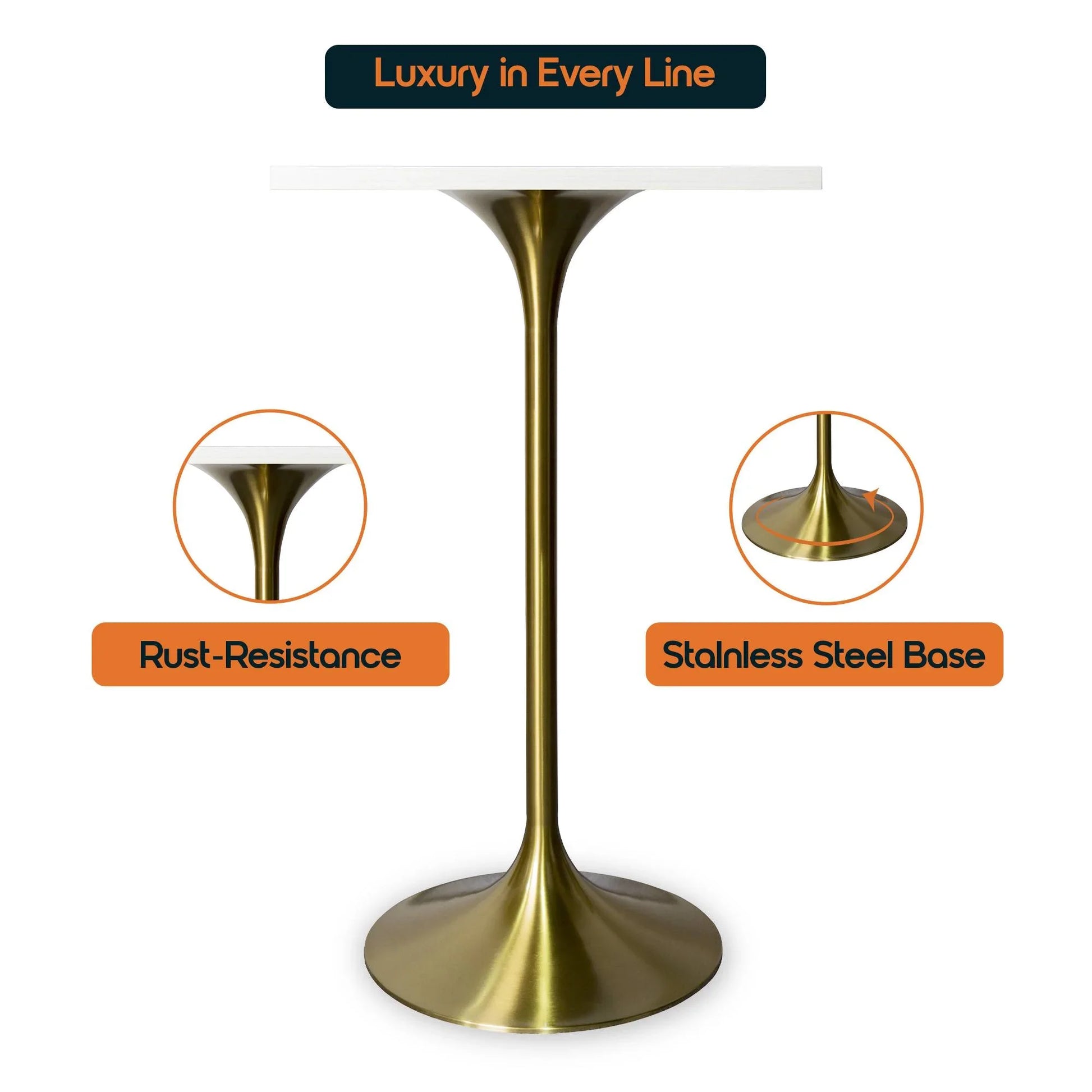 LeisureMod Verve 24" Square Top Bar Height Table, Brushed Gold/Black/White Stainless Steel Base with MDF Table Top - Elax Furniture