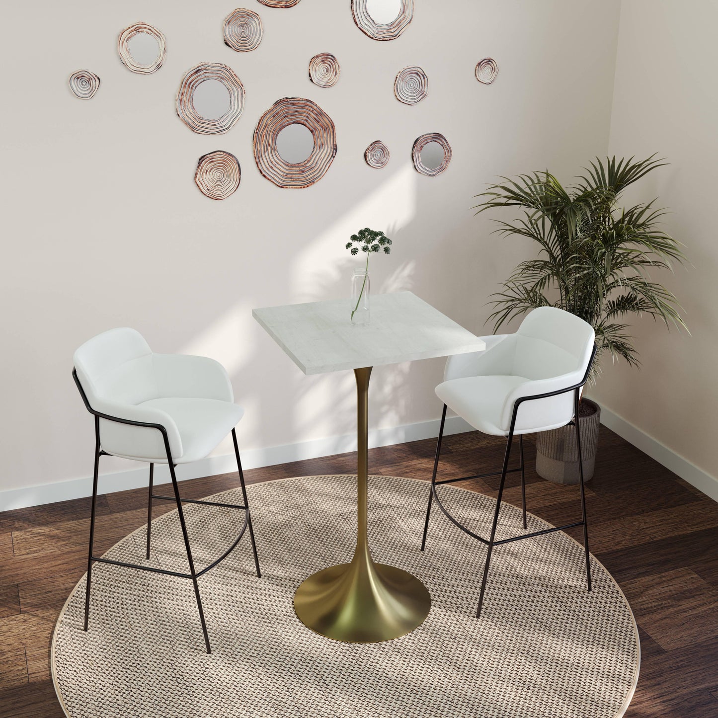 LeisureMod Verve 24" Square Top Bar Height Table, Brushed Gold/Black/White Stainless Steel Base with MDF Table Top - Elax Furniture