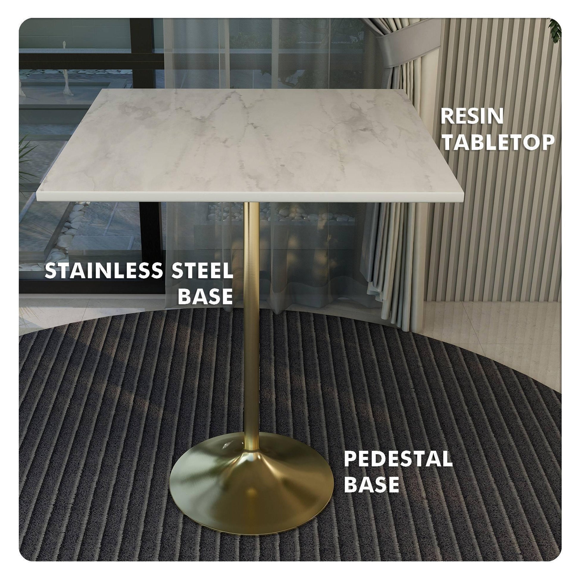 Verve Bar Height Dining Table with Square Resin Top and Gold Stainless Steel Base - Elax Furniture