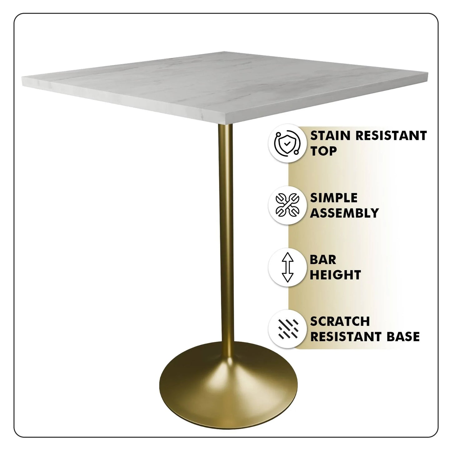 Verve Bar Height Dining Table with Square Resin Top and Gold Stainless Steel Base - Elax Furniture