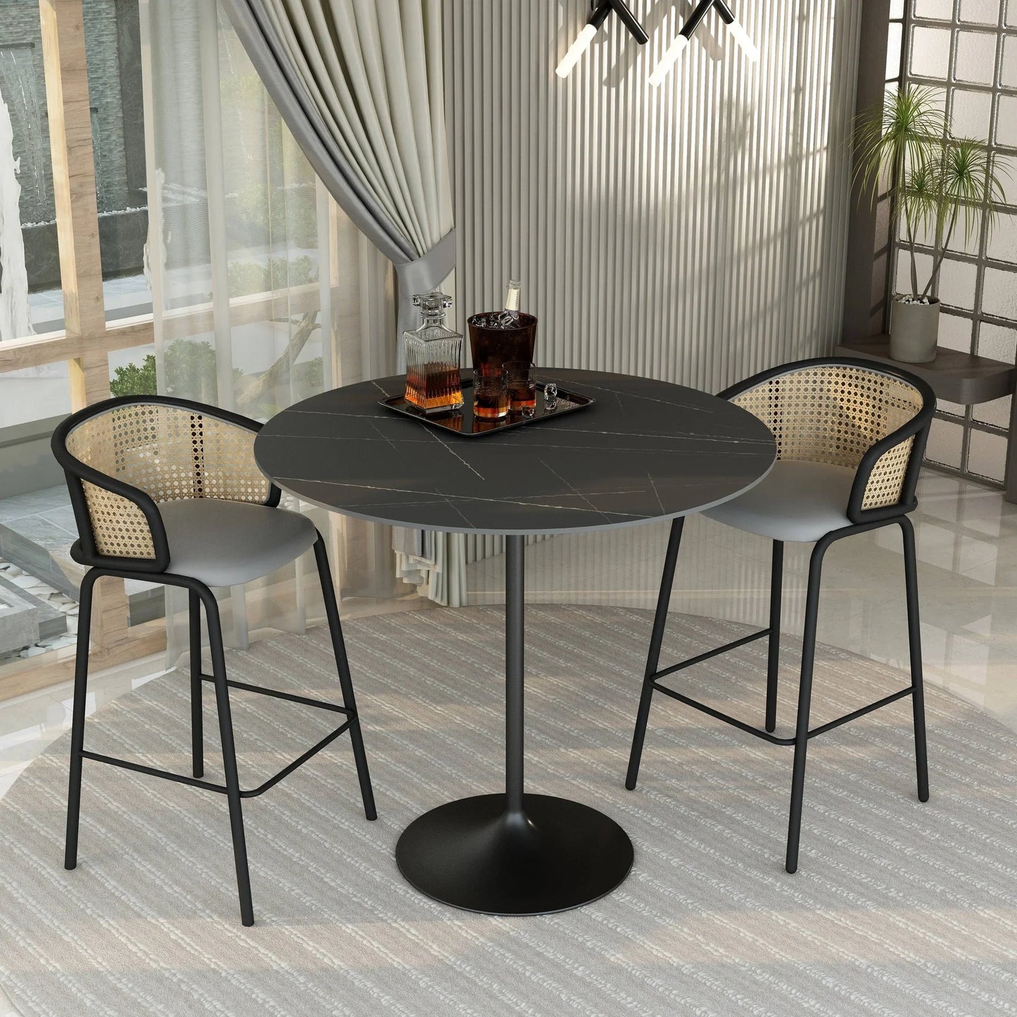 Verve Bar Height Dining Table with 48" Round Sintered Stone Top and Black Stainless Steel Base - Elax Furniture