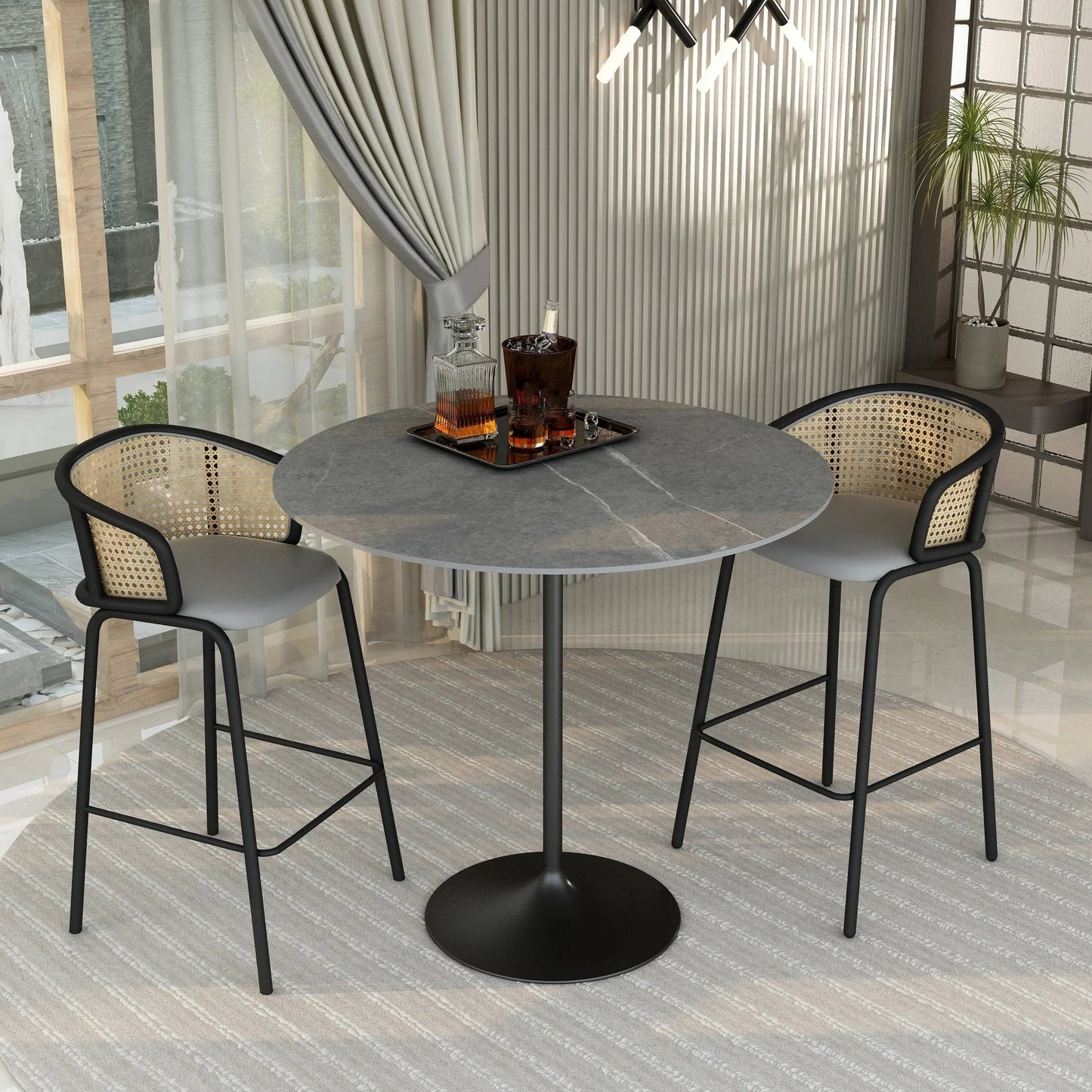 Verve Bar Height Dining Table with 48" Round Sintered Stone Top and Black Stainless Steel Base - Elax Furniture