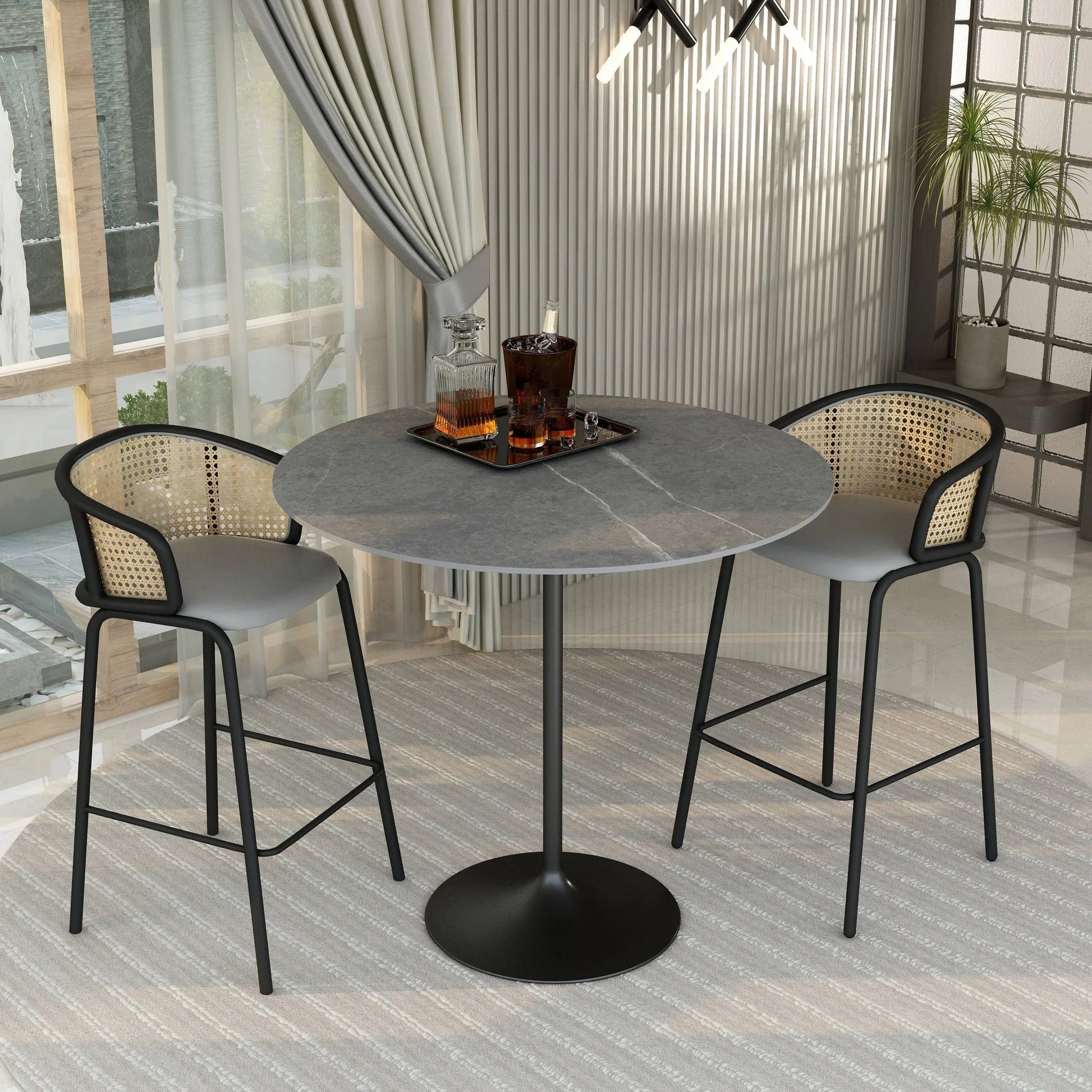 Verve Bar Height Dining Table with 48" Round Sintered Stone Top and Black Stainless Steel Base - Elax Furniture
