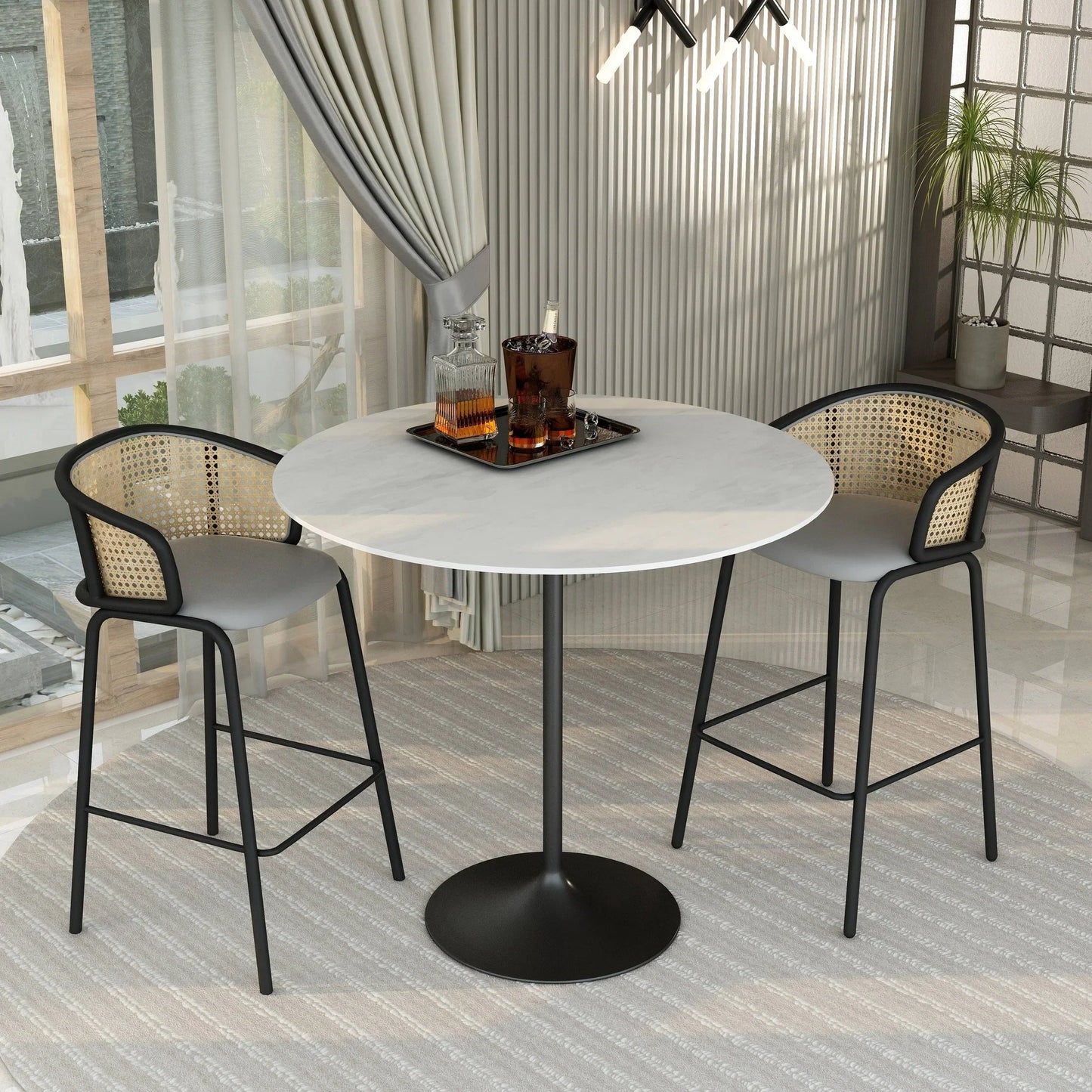 Verve Bar Height Dining Table with 48" Round Sintered Stone Top and Black Stainless Steel Base - Elax Furniture