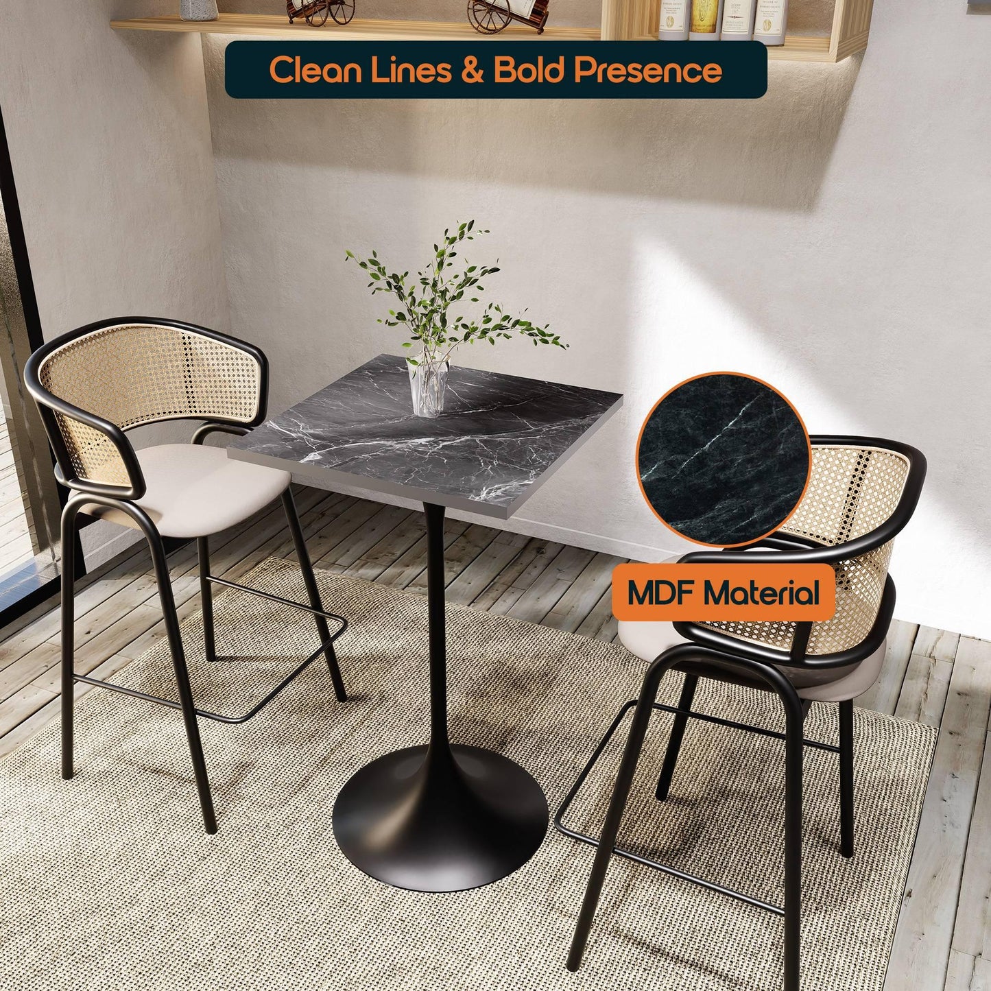 LeisureMod Verve 24" Square Top Bar Height Table, Brushed Gold/Black/White Stainless Steel Base with MDF Table Top - Elax Furniture