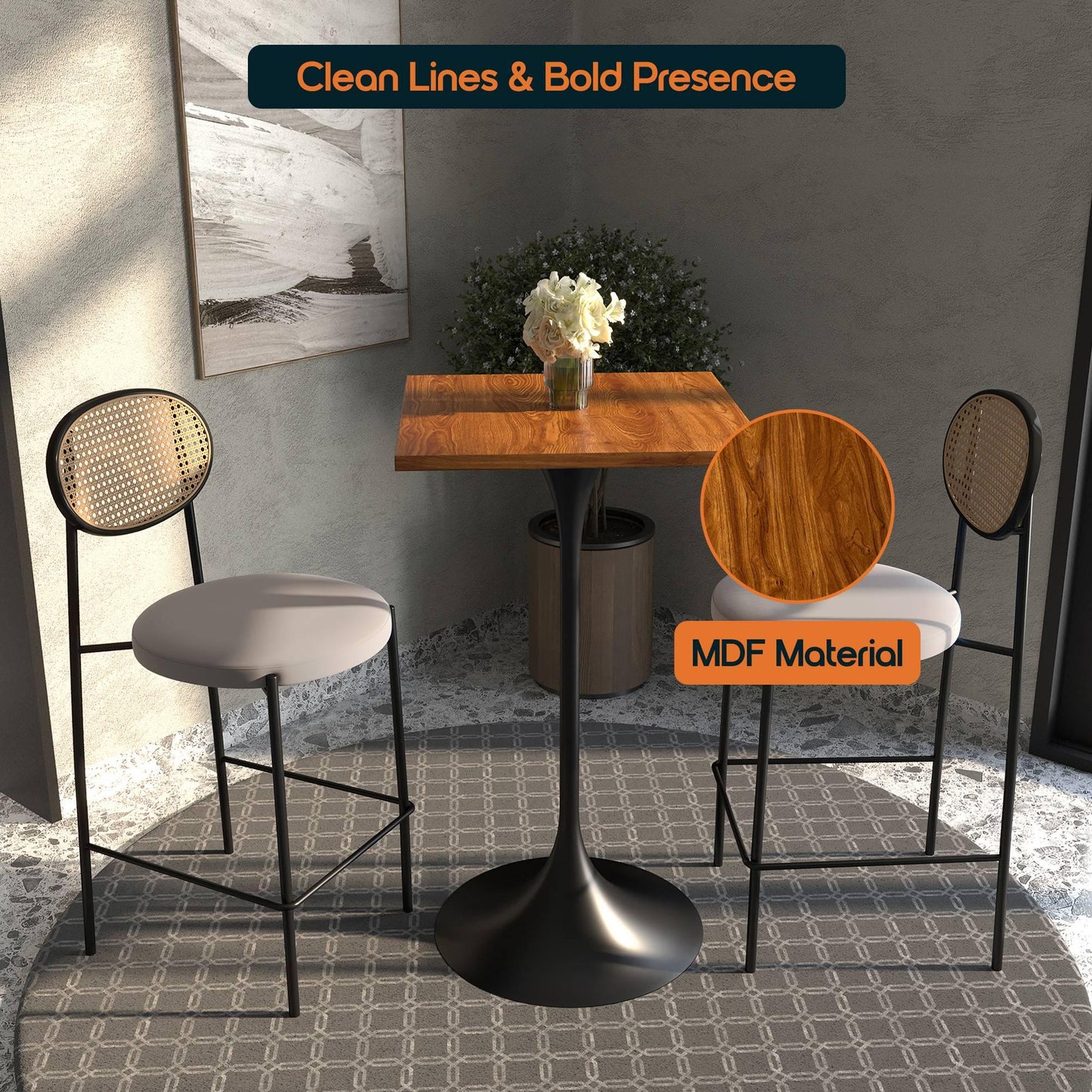 LeisureMod Verve 24" Square Top Bar Height Table, Brushed Gold/Black/White Stainless Steel Base with MDF Table Top - Elax Furniture