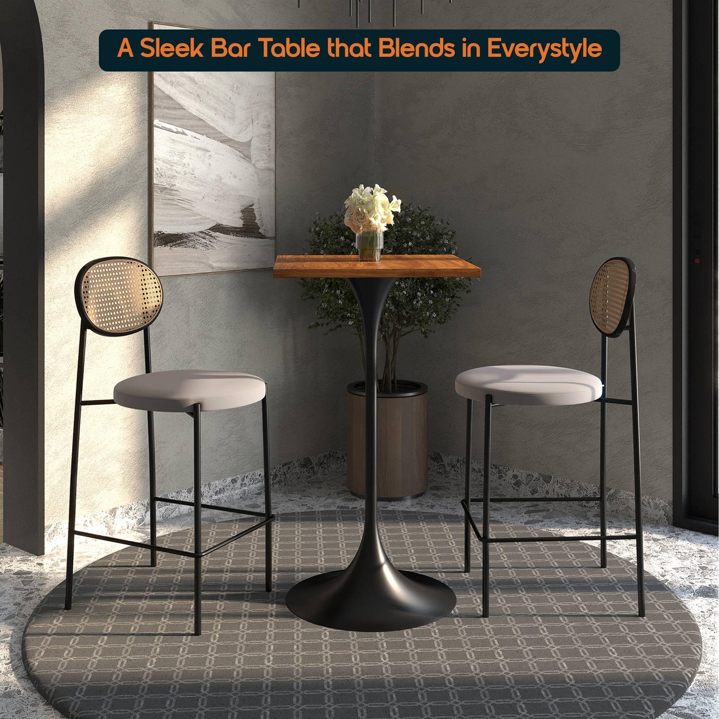 LeisureMod Verve 24" Square Top Bar Height Table, Brushed Gold/Black/White Stainless Steel Base with MDF Table Top - Elax Furniture