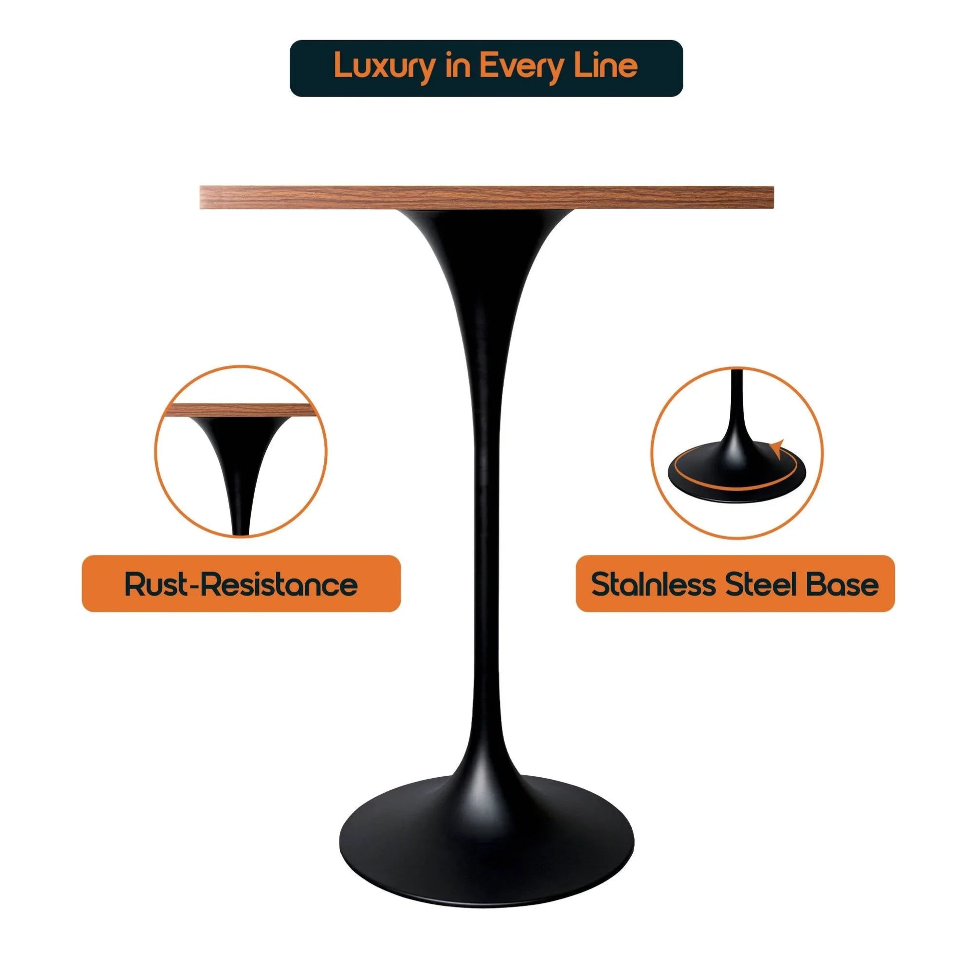 LeisureMod Verve 24" Square Top Bar Height Table, Brushed Gold/Black/White Stainless Steel Base with MDF Table Top - Elax Furniture