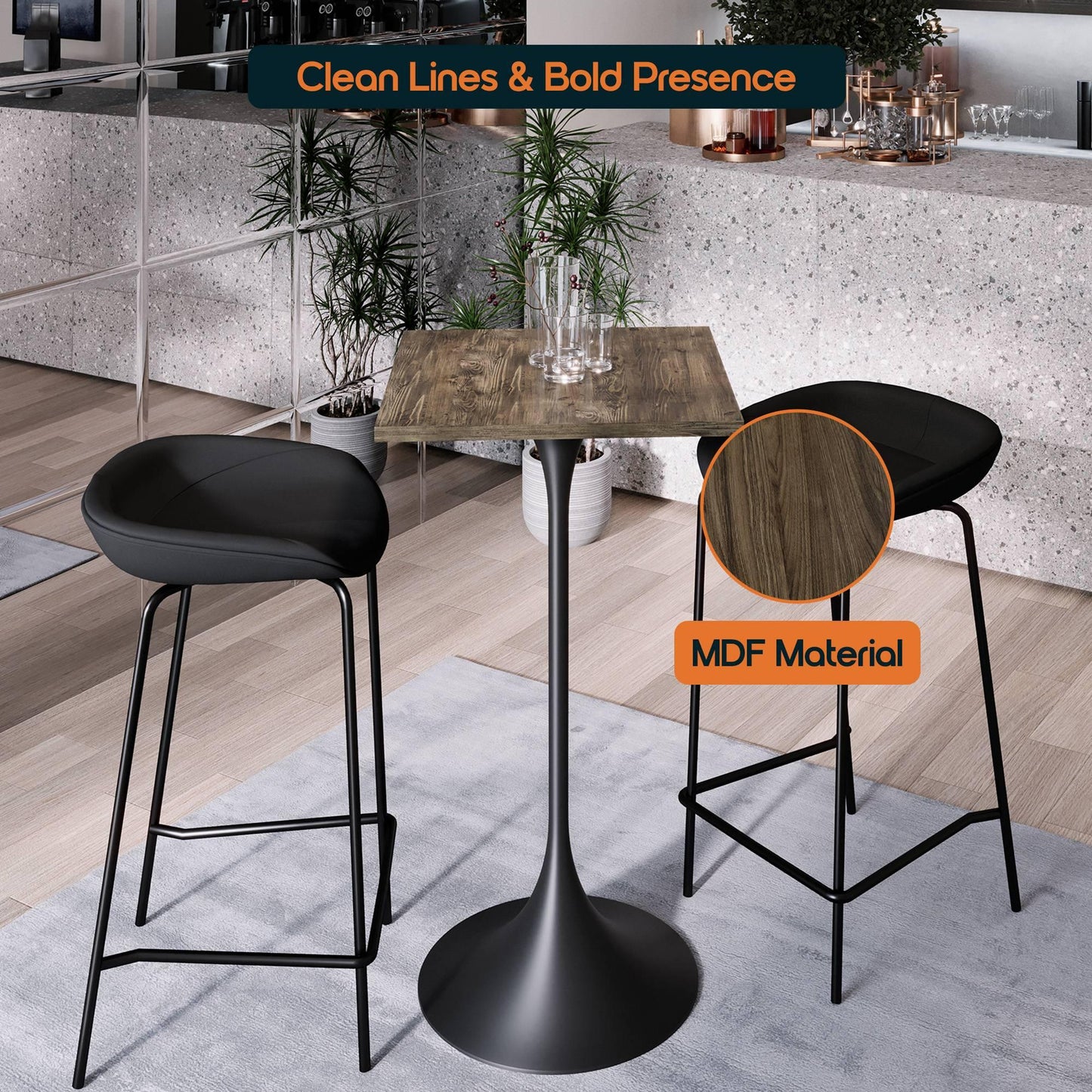 LeisureMod Verve 24" Square Top Bar Height Table, Brushed Gold/Black/White Stainless Steel Base with MDF Table Top - Elax Furniture