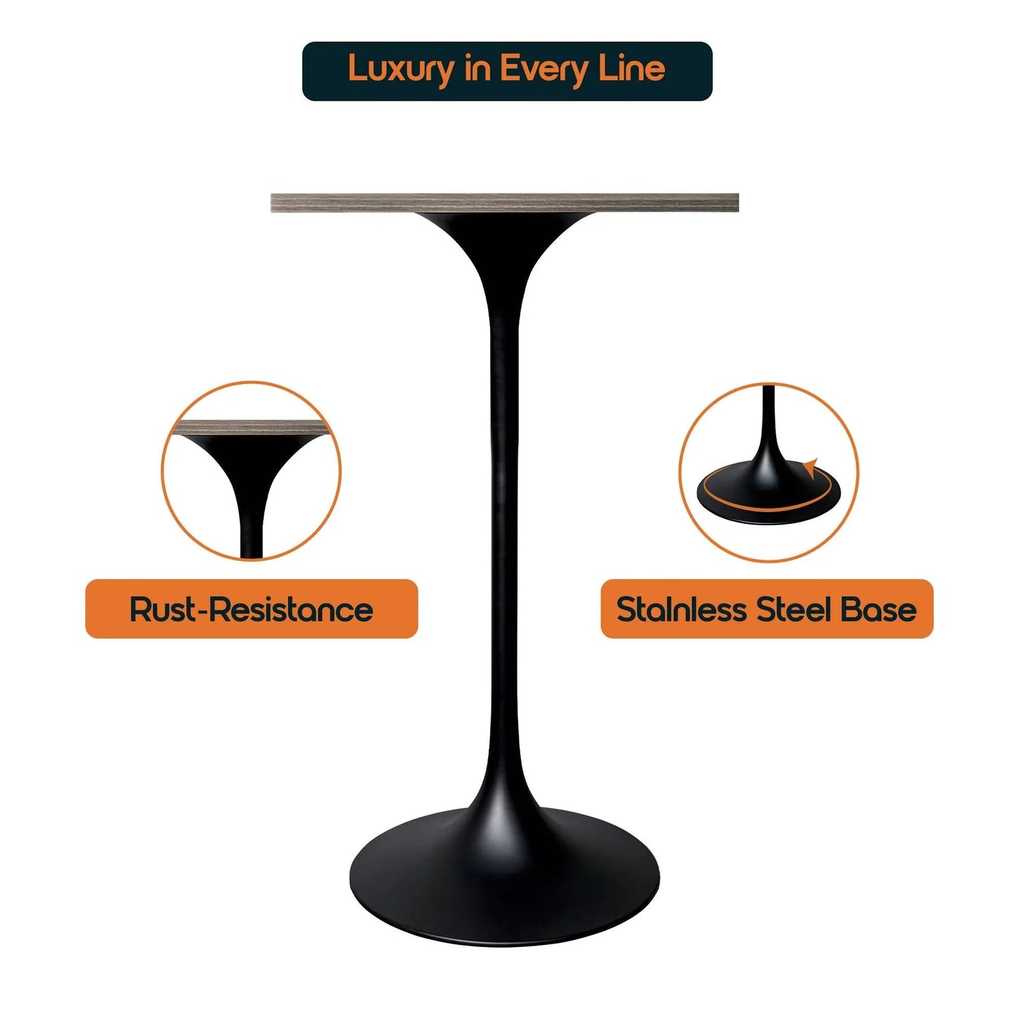 LeisureMod Verve 24" Square Top Bar Height Table, Brushed Gold/Black/White Stainless Steel Base with MDF Table Top - Elax Furniture