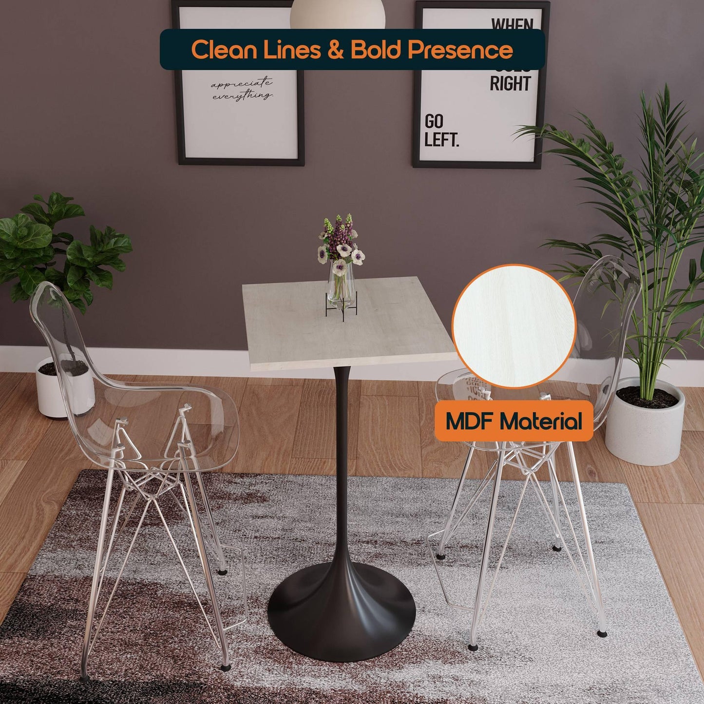 LeisureMod Verve 24" Square Top Bar Height Table, Brushed Gold/Black/White Stainless Steel Base with MDF Table Top - Elax Furniture