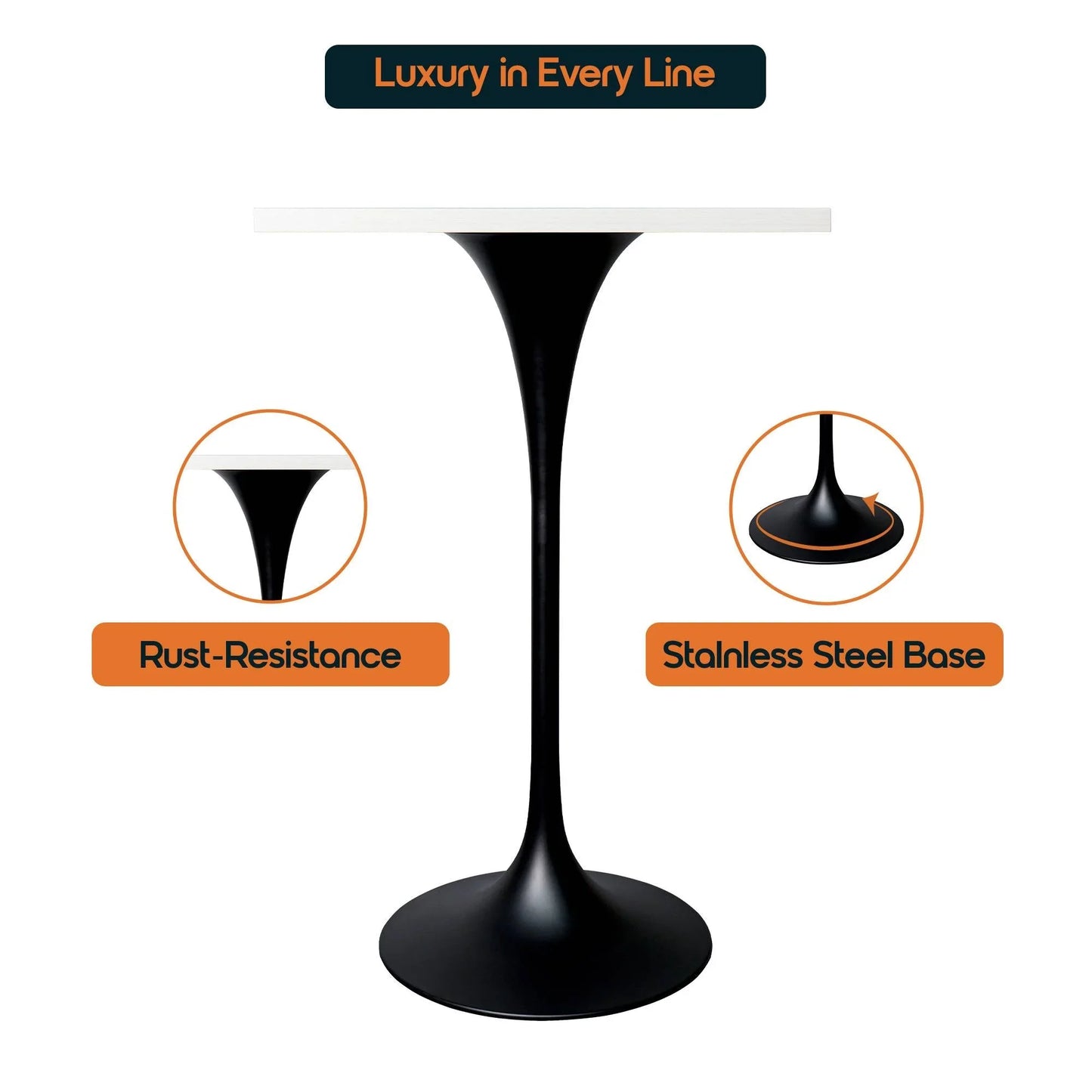 LeisureMod Verve 24" Square Top Bar Height Table, Brushed Gold/Black/White Stainless Steel Base with MDF Table Top - Elax Furniture