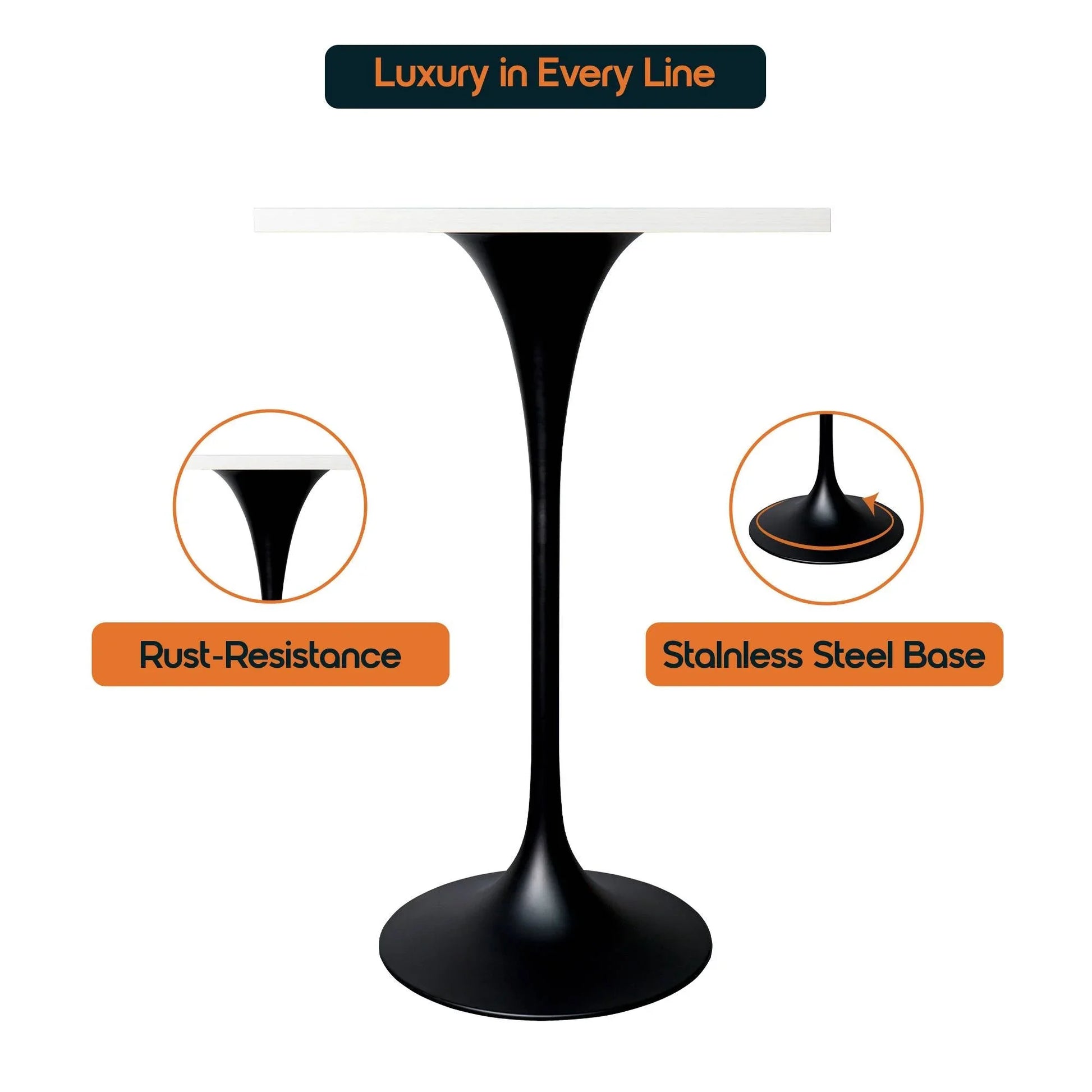 LeisureMod Verve 24" Square Top Bar Height Table, Brushed Gold/Black/White Stainless Steel Base with MDF Table Top - Elax Furniture