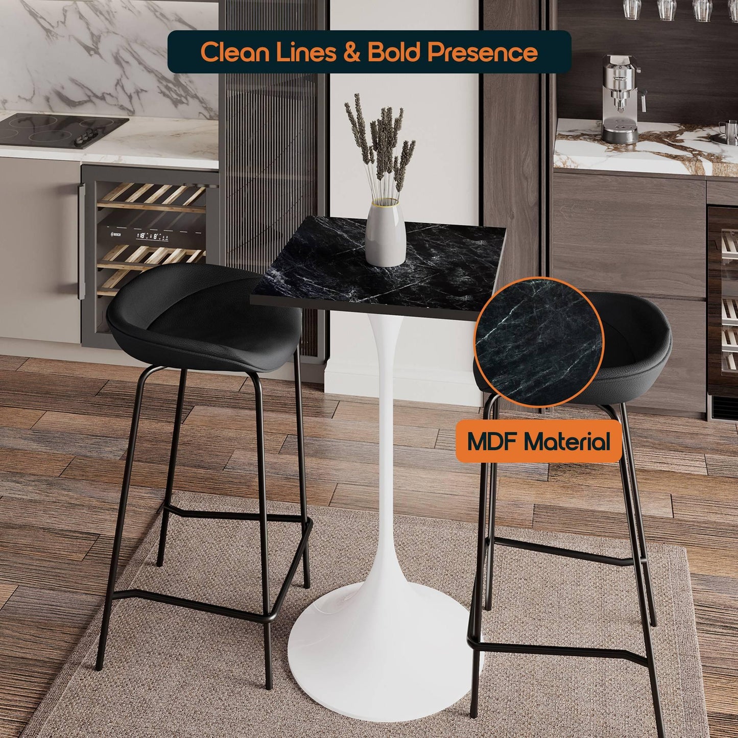 LeisureMod Verve 24" Square Top Bar Height Table, Brushed Gold/Black/White Stainless Steel Base with MDF Table Top - Elax Furniture