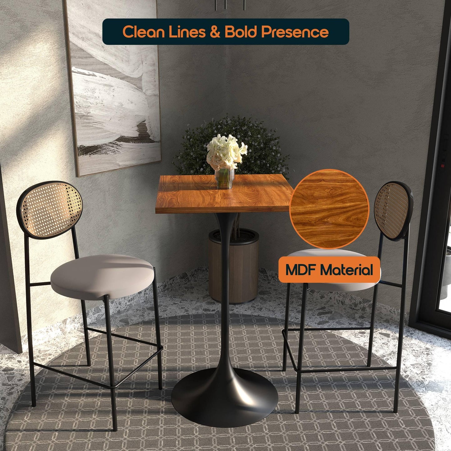 LeisureMod Verve 24" Square Top Bar Height Table, Brushed Gold/Black/White Stainless Steel Base with MDF Table Top - Elax Furniture