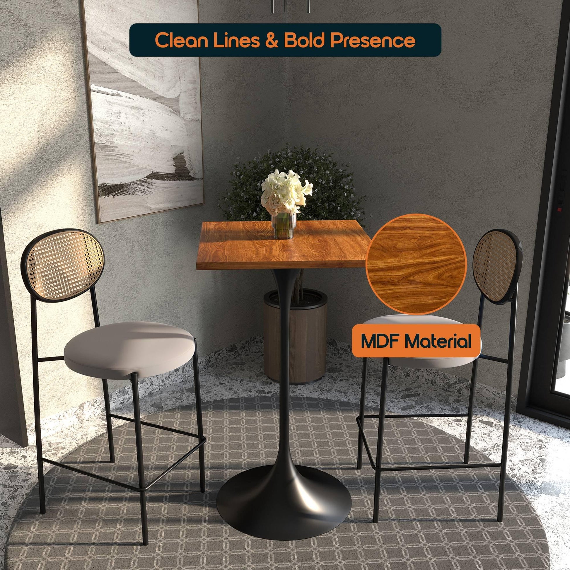 LeisureMod Verve 24" Square Top Bar Height Table, Brushed Gold/Black/White Stainless Steel Base with MDF Table Top - Elax Furniture