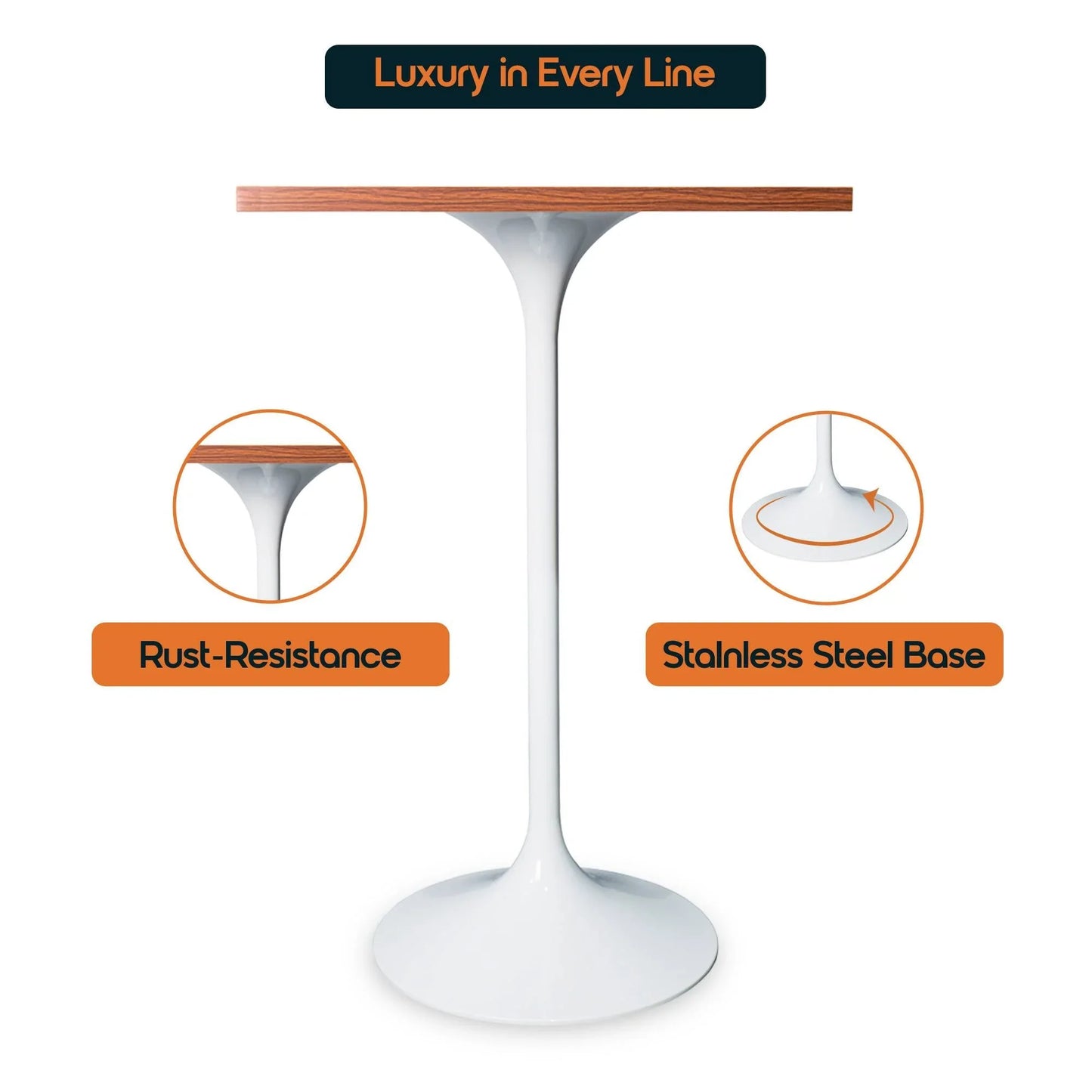 LeisureMod Verve 24" Square Top Bar Height Table, Brushed Gold/Black/White Stainless Steel Base with MDF Table Top - Elax Furniture