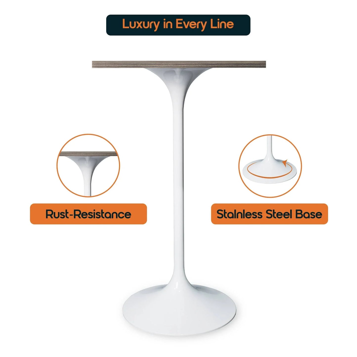 LeisureMod Verve 24" Square Top Bar Height Table, Brushed Gold/Black/White Stainless Steel Base with MDF Table Top - Elax Furniture