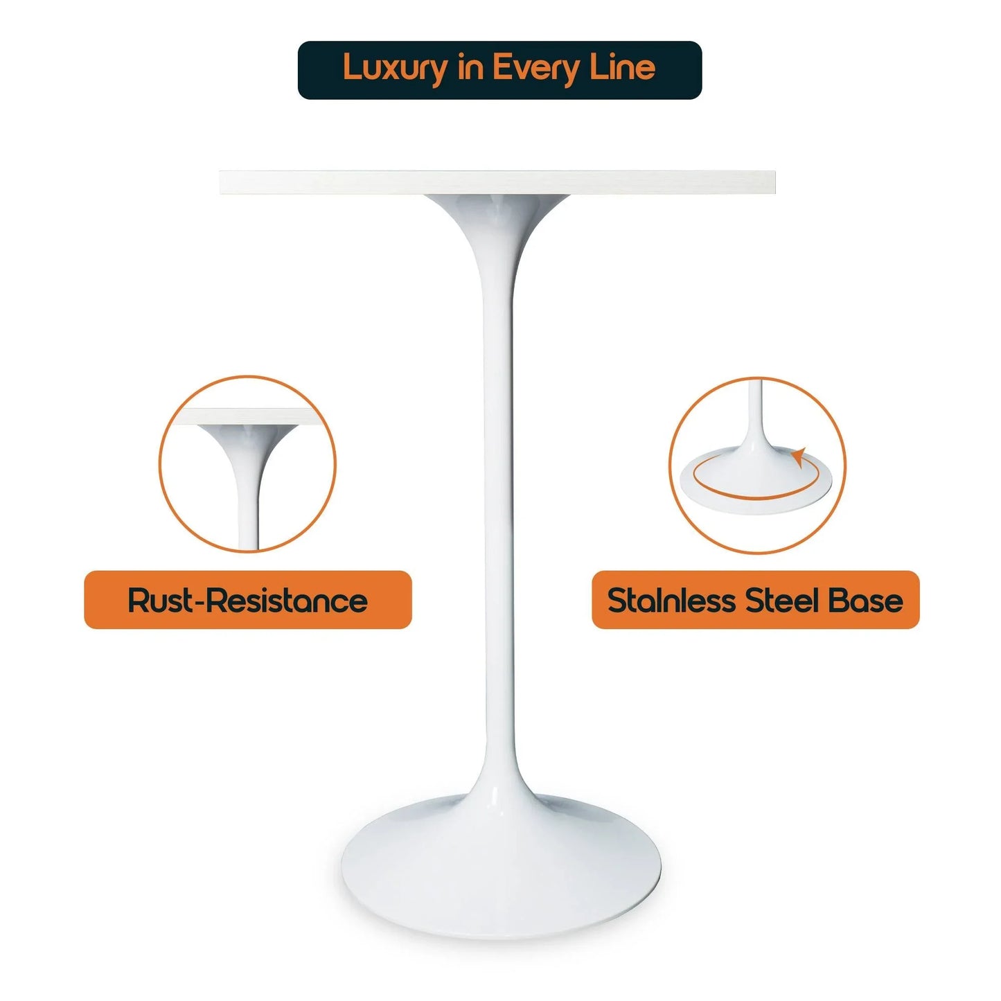 LeisureMod Verve 24" Square Top Bar Height Table, Brushed Gold/Black/White Stainless Steel Base with MDF Table Top - Elax Furniture