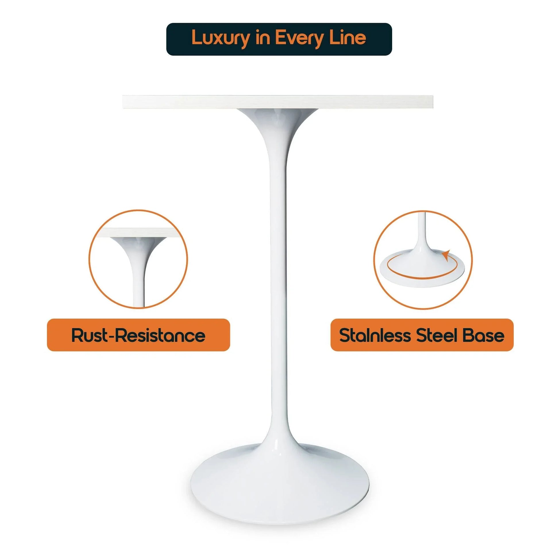 LeisureMod Verve 24" Square Top Bar Height Table, Brushed Gold/Black/White Stainless Steel Base with MDF Table Top - Elax Furniture