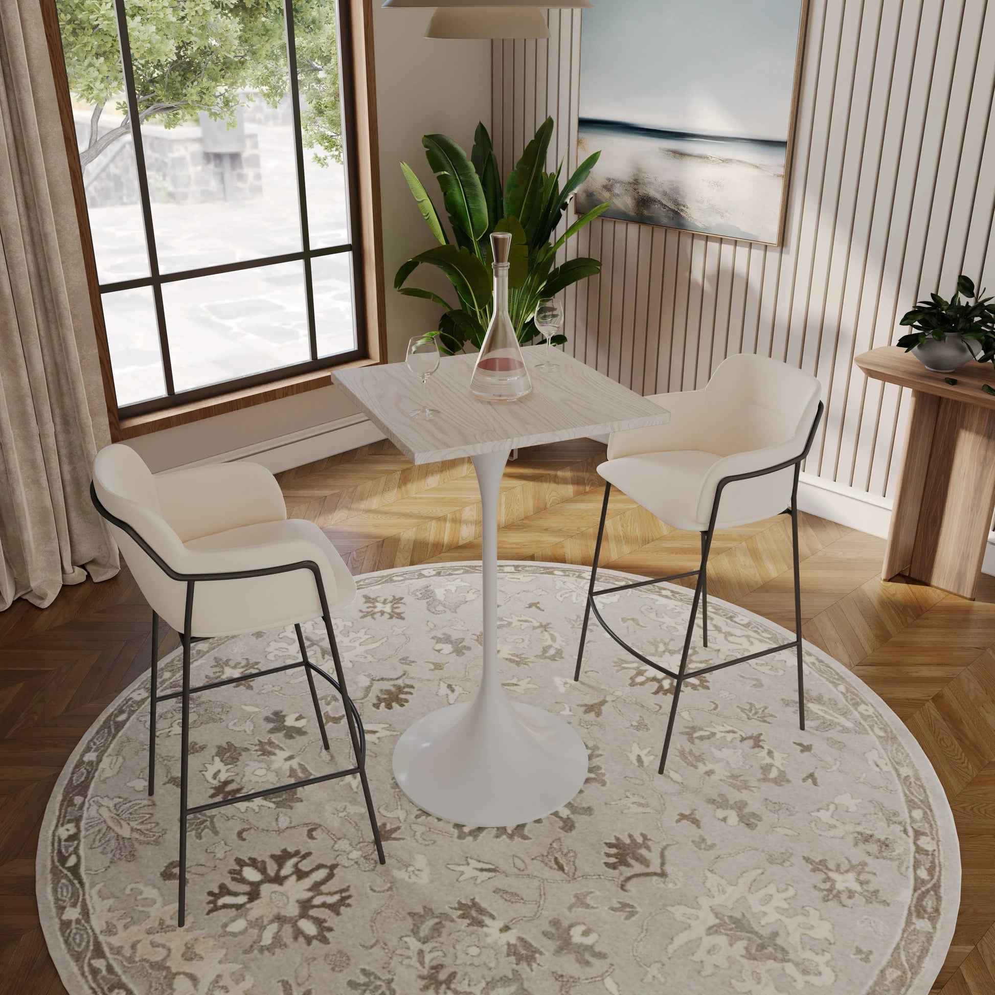 LeisureMod Verve 24" Square Top Bar Height Table, Brushed Gold/Black/White Stainless Steel Base with MDF Table Top - Elax Furniture