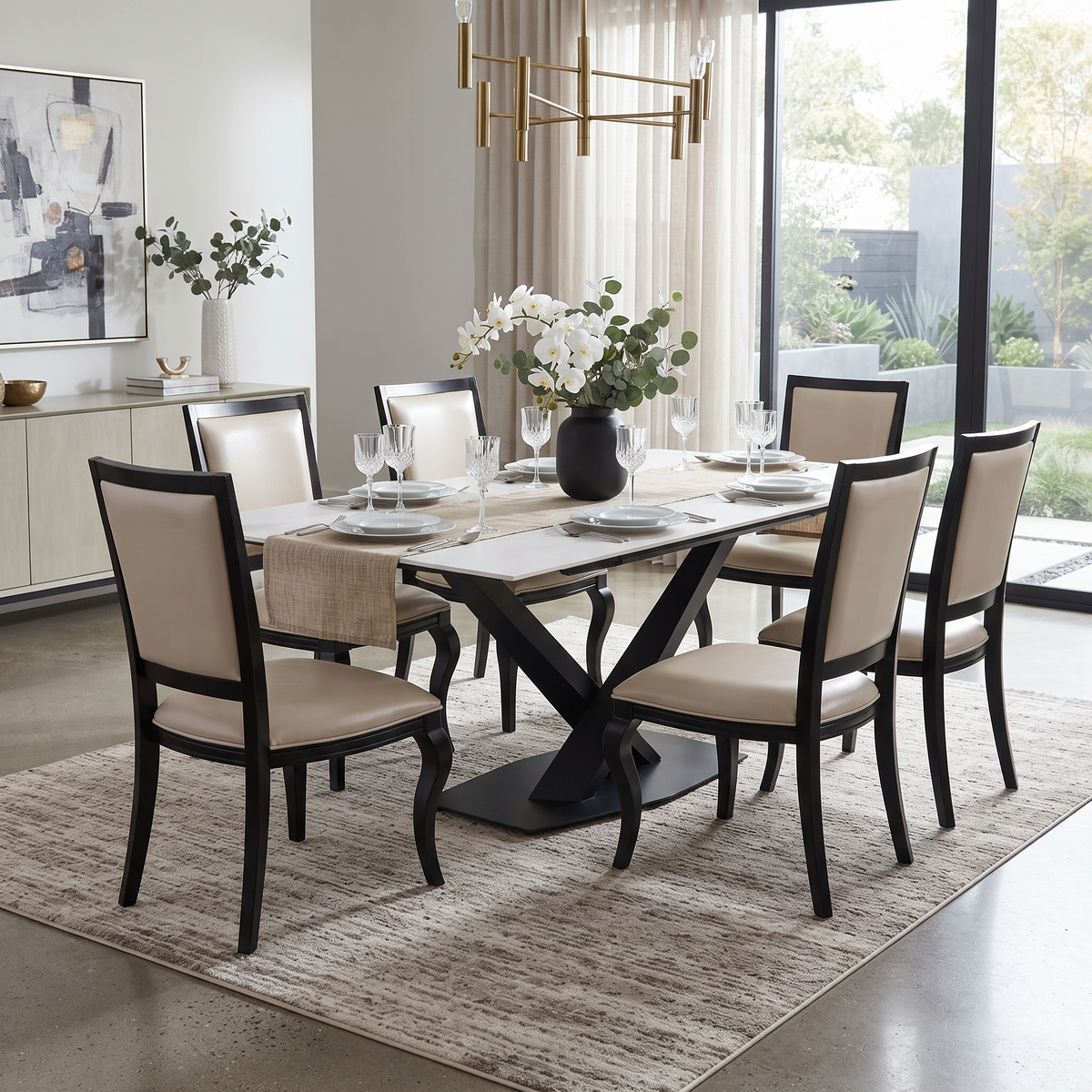 Voren Rectangular Dining Table with Sintered Stone / Glass Tabletop in Stainless Steel Double Pedestal Base