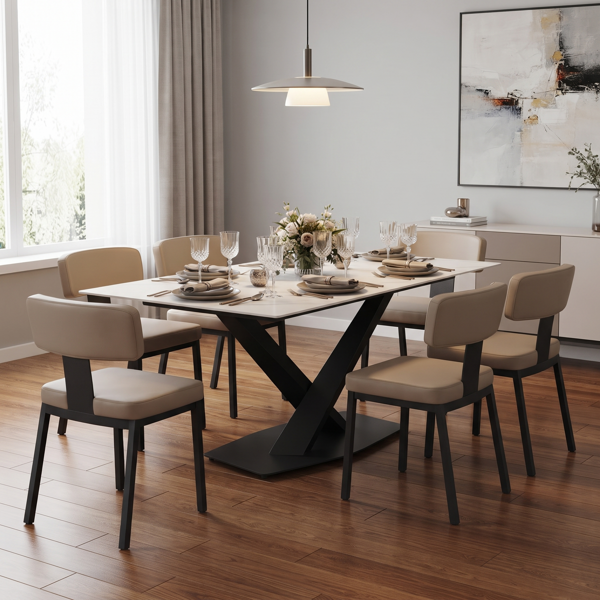 Voren Rectangular Dining Table with Sintered Stone / Glass Tabletop in Stainless Steel Double Pedestal Base