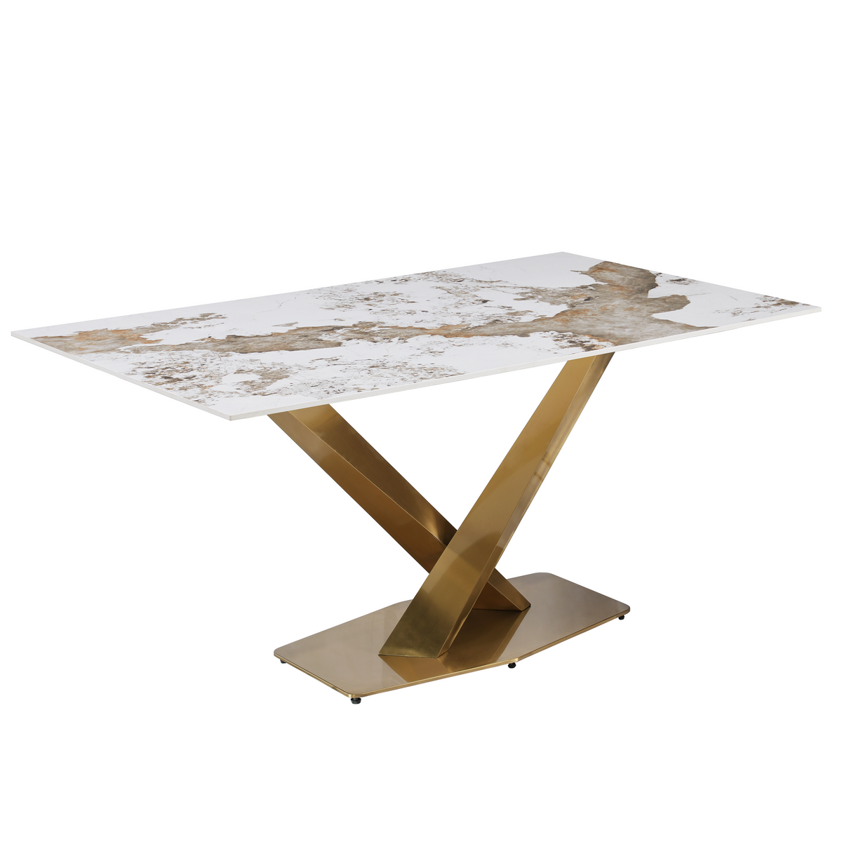 Voren Rectangular Dining Table with Sintered Stone / Glass Tabletop in Stainless Steel Double Pedestal Base
