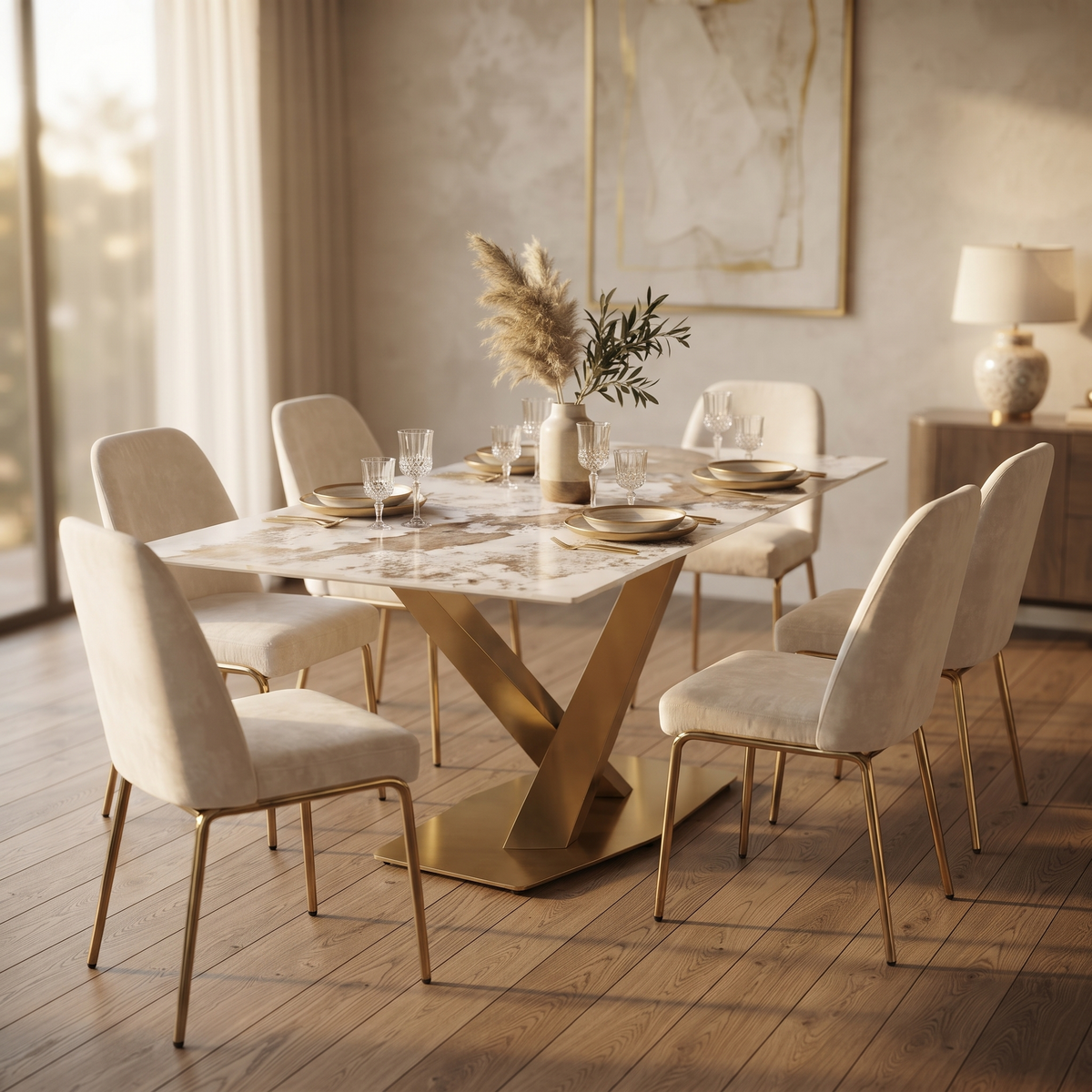 Voren Rectangular Dining Table with Sintered Stone / Glass Tabletop in Stainless Steel Double Pedestal Base