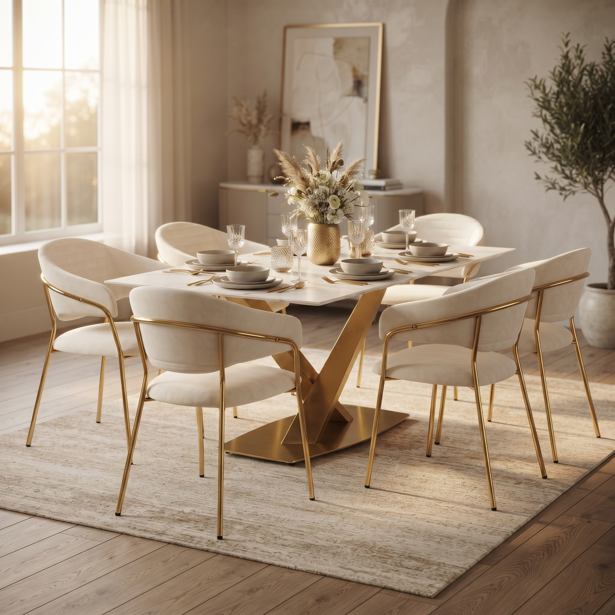 Voren Rectangular Dining Table with Sintered Stone / Glass Tabletop in Stainless Steel Double Pedestal Base