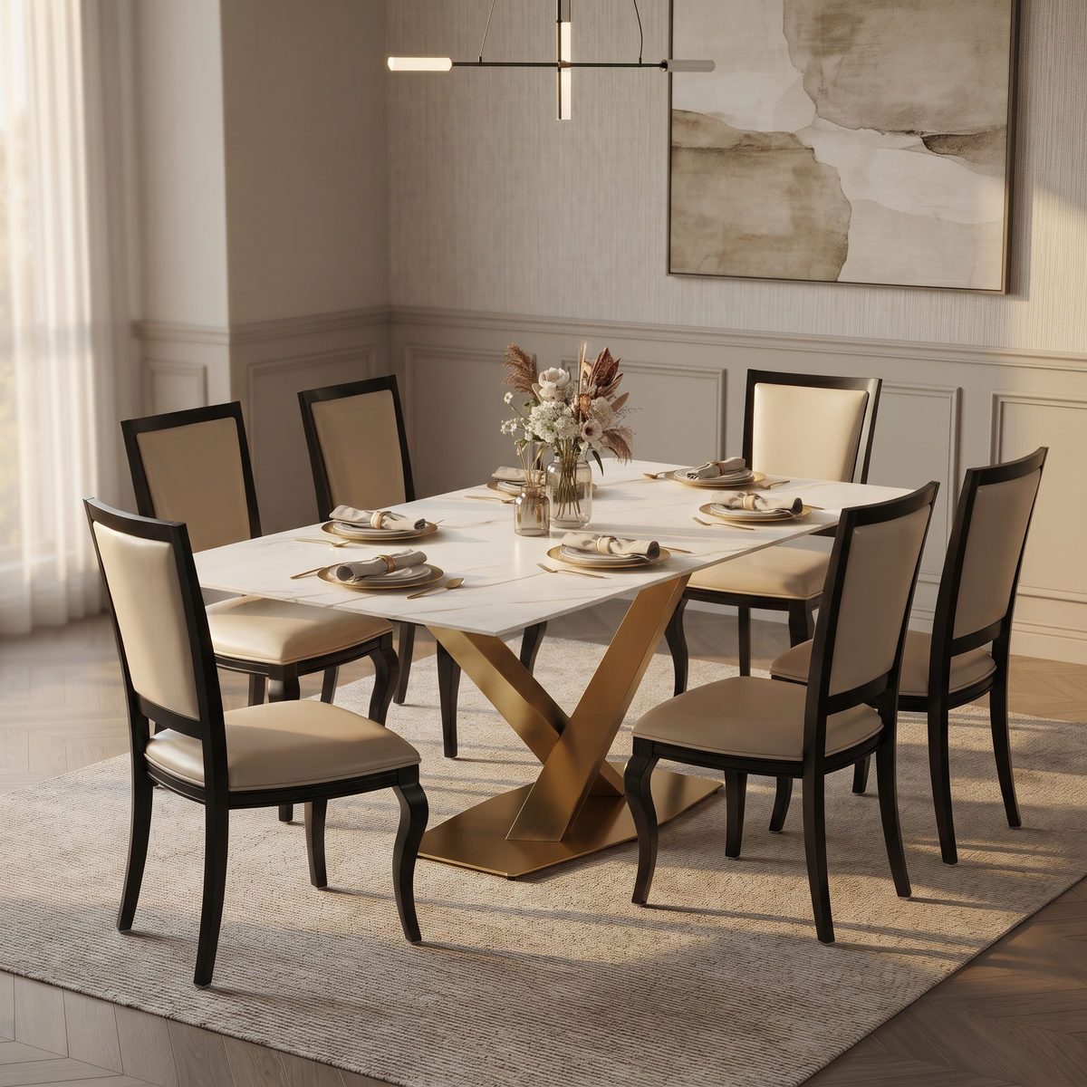 Voren Rectangular Dining Table with Sintered Stone / Glass Tabletop in Stainless Steel Double Pedestal Base