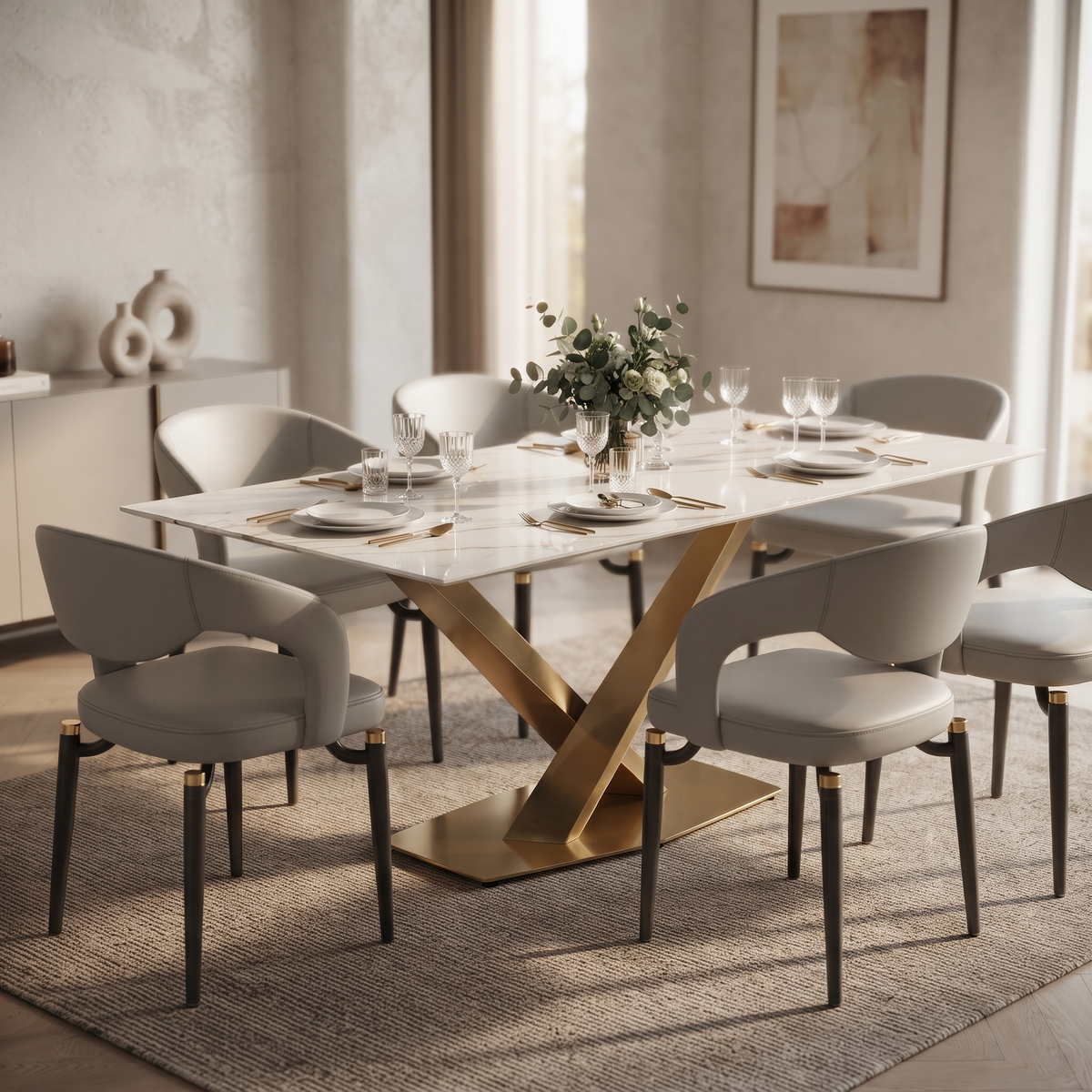 Voren Rectangular Dining Table with Sintered Stone / Glass Tabletop in Stainless Steel Double Pedestal Base