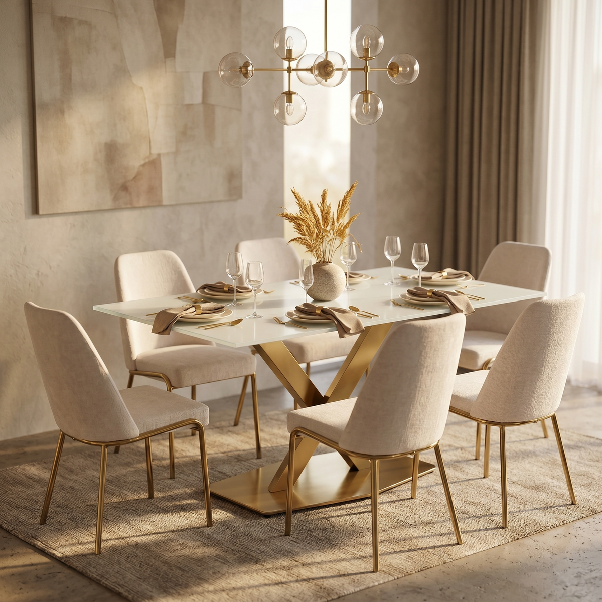 Voren Rectangular Dining Table with Sintered Stone / Glass Tabletop in Stainless Steel Double Pedestal Base