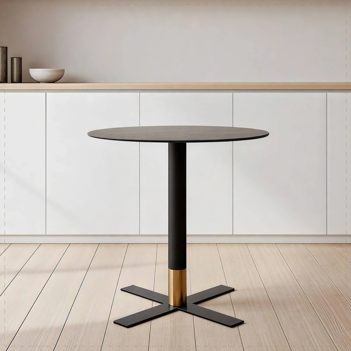 Vail Collection Dining Table Black/Gold X Base With 27"/36" Round BLack Stone Top